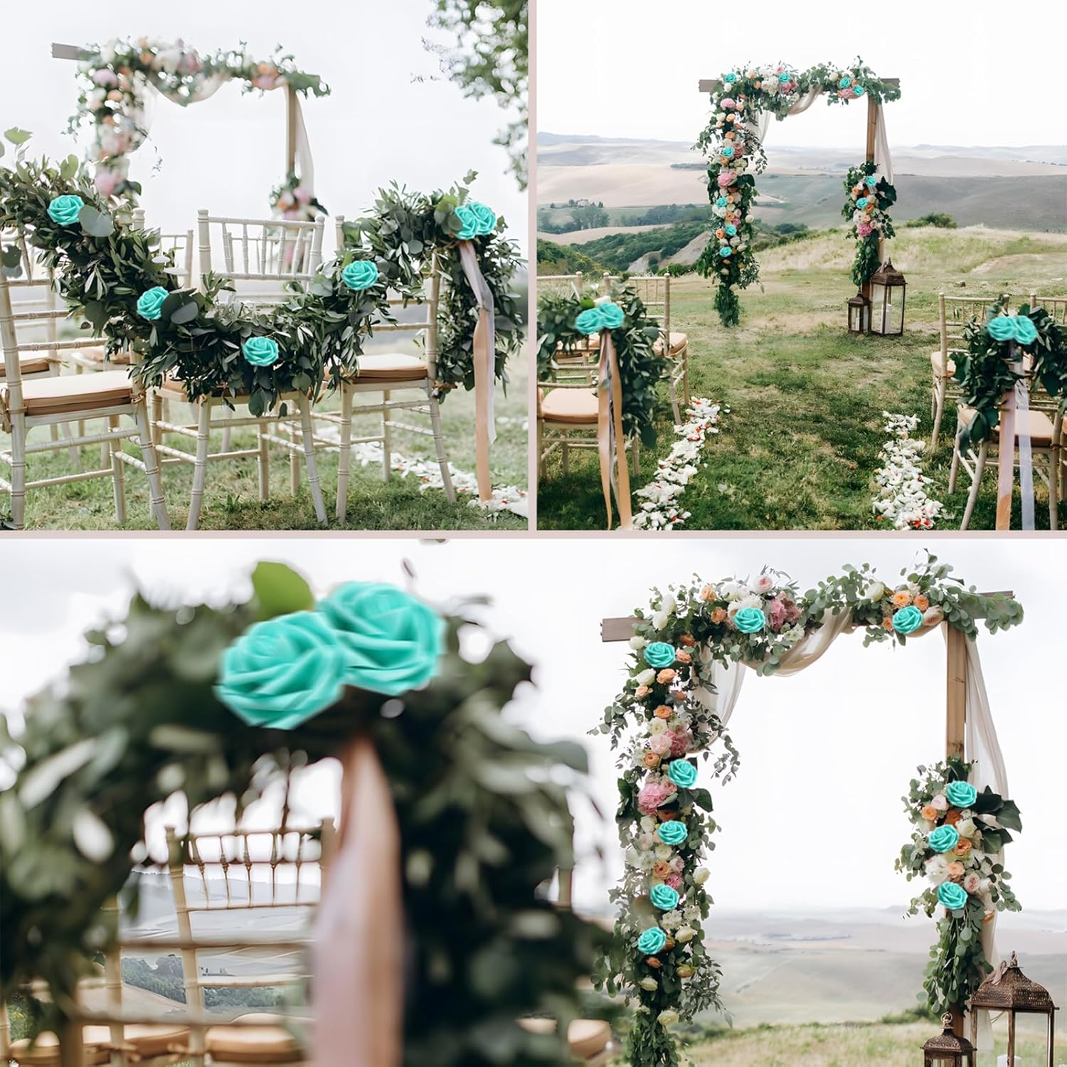 Artificial Flowers Blue Roses Real Looking Foam Fake Roses with Leaves and for DIY Wedding Bouquets Bridal Shower Centerpieces Party Decorations (100, Light Turquoise Blue)