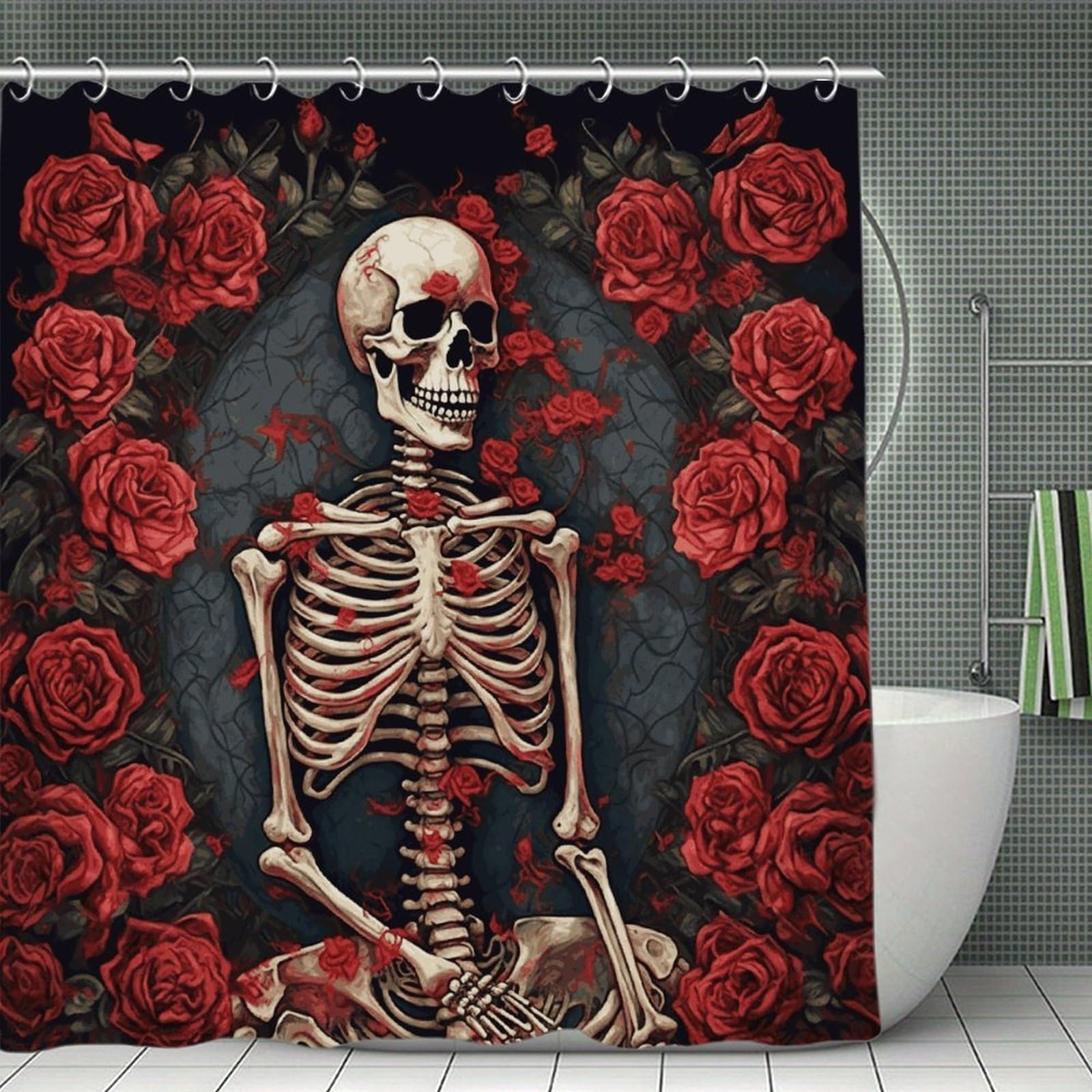 FekiLoot Skeleton with Roses Shower Curtain Minimalist Thick Bathroom Curtain Washable Modern Bathroom Shower Curtain Heavy Duty Waterproof Cloth Bath Curtain with Hooks 70.8"x70.8"