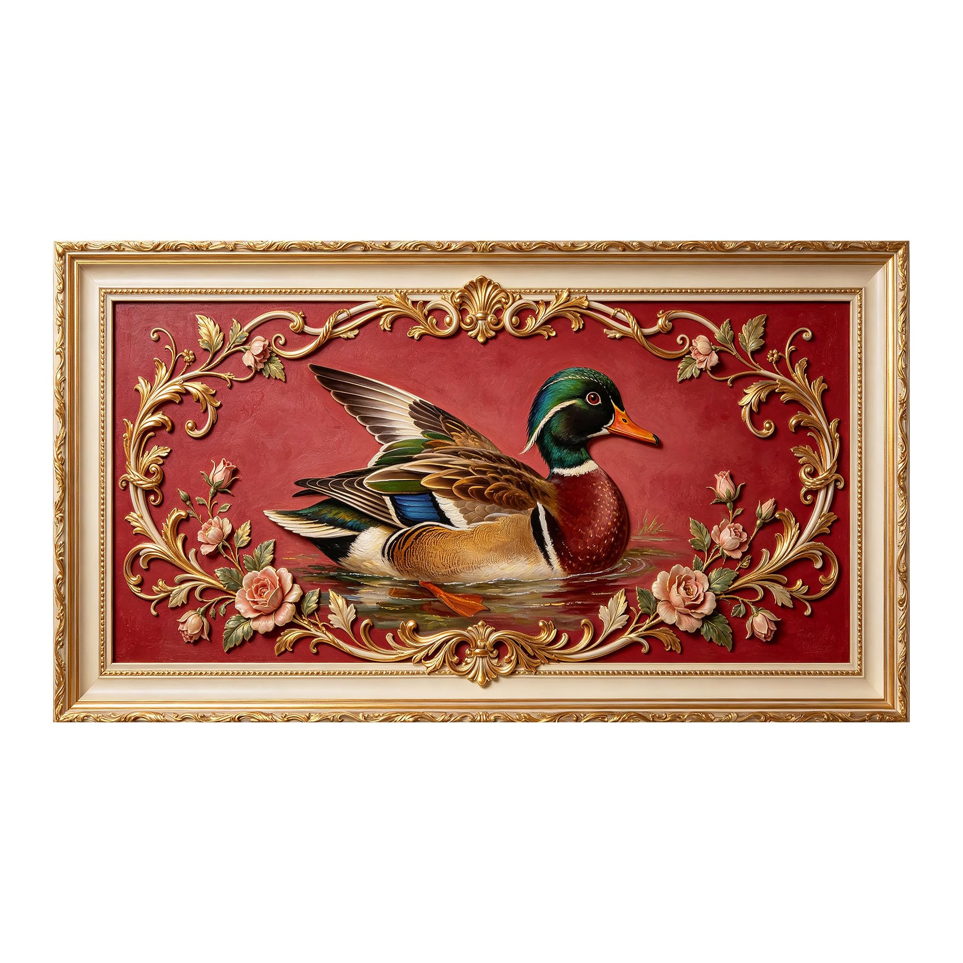 Yzpallescene 3D 3D Framed Wall Art 50cm×90cm Ornate Duck Floral Baroque Oil Painting Large Size SelfAdhesive Removable Wall Decor Prints Artwork for Living Room Bedroom Office