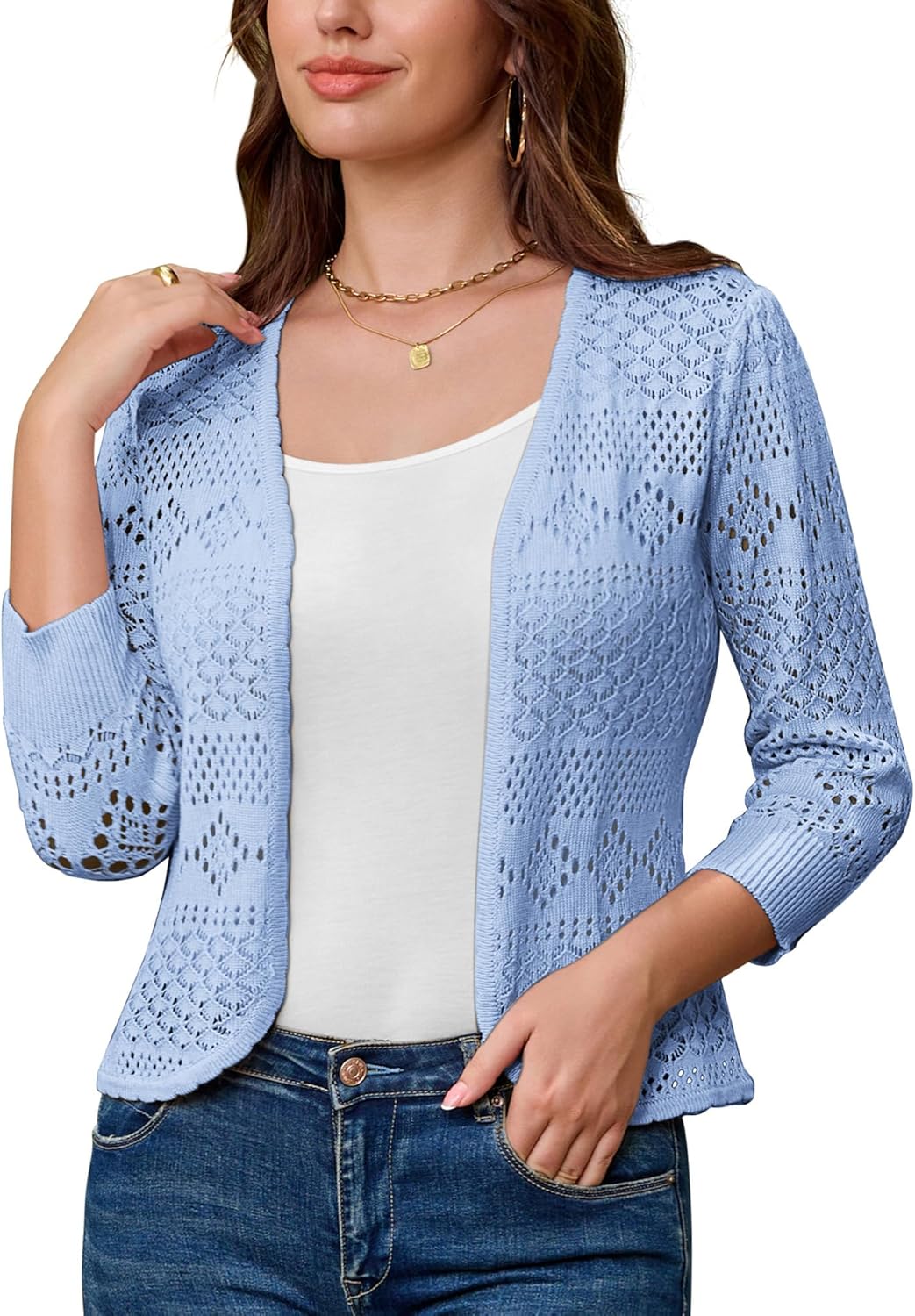GRACE KARIN Women Lightweight Cardigan, 3/4 Sleeve Cropped Crochet Bolero Shrug, Summer Open Front Knit Sweaters for Dress
