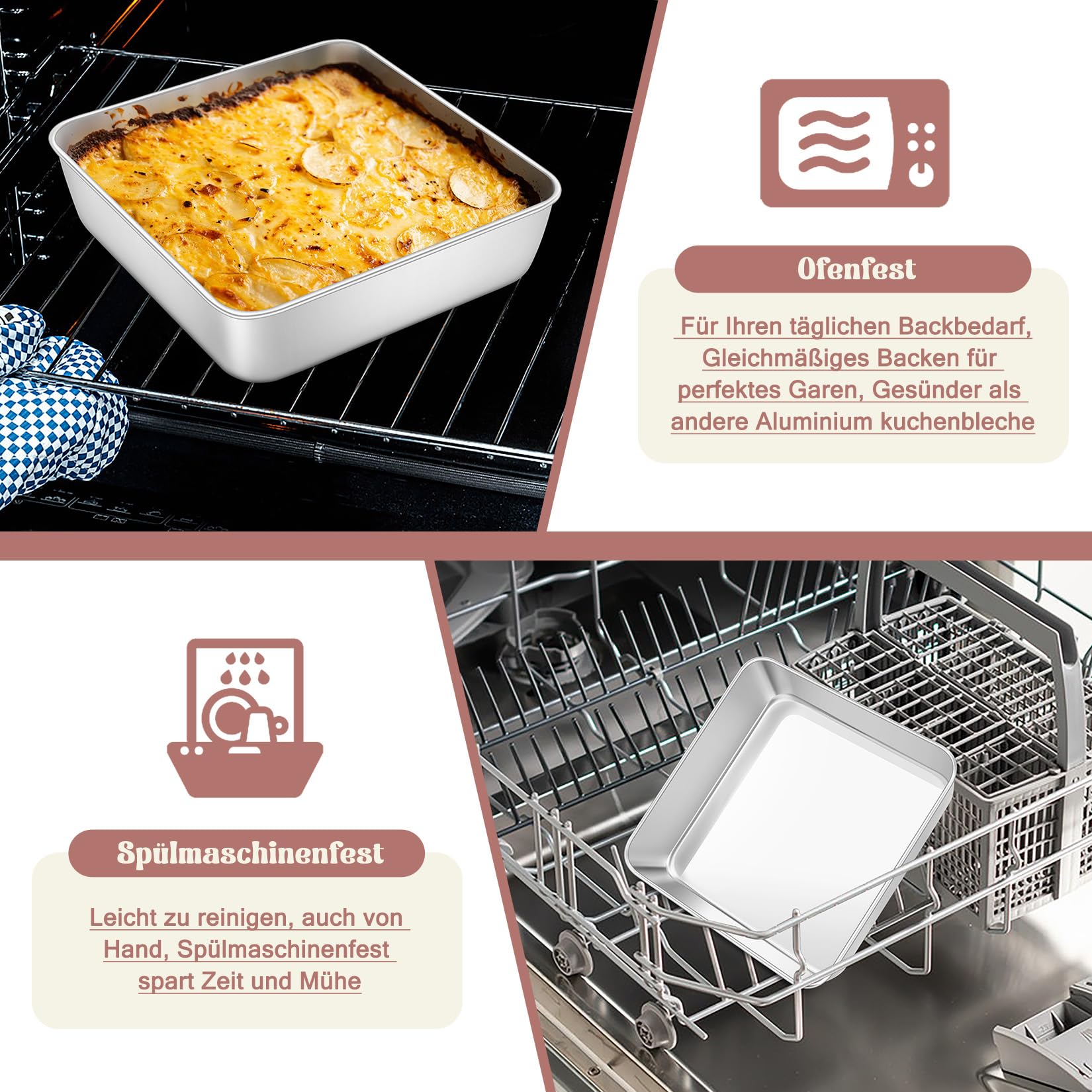 Onader Teglia quadrata per torte in acciaio inox, set da 2, 20 x 20 x 5 cm, perfetta per brownie, lasagne, torte, atossiche e lavabili in lavastoviglie