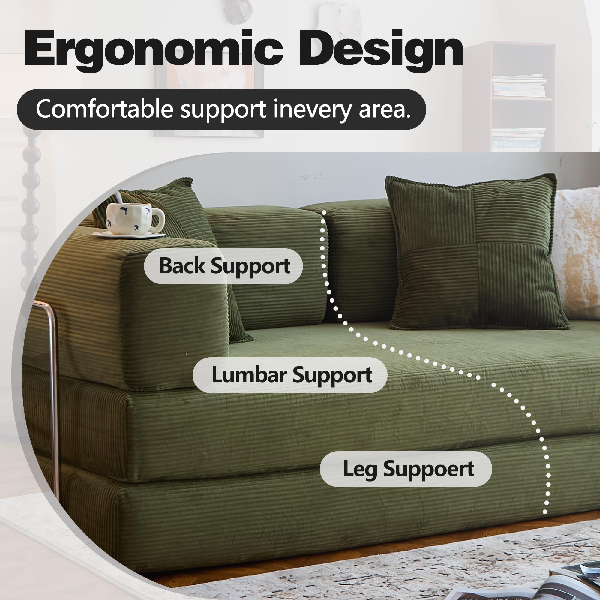 78.8" Convertible Sofa Bed - Compression Sofa with Corduroy Fabric - with Armrests and Backrest - Modular Sectional for Living Room, Bedroom, Studio - Compression Sofa in Box (Grey): 78.8IN Green