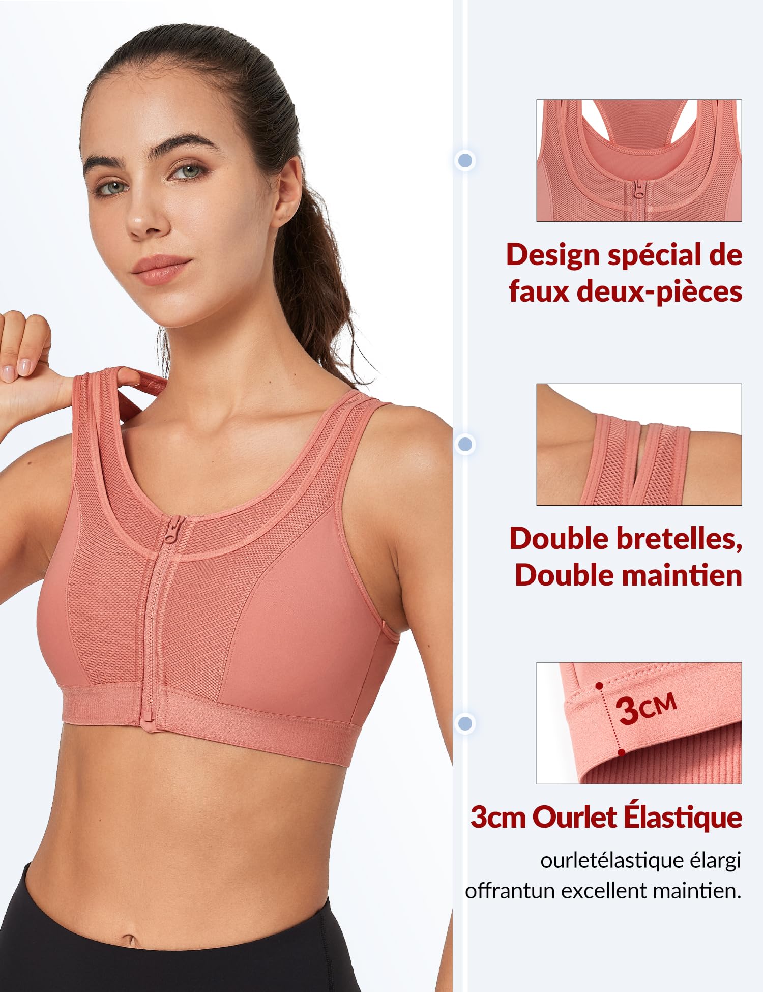 Yvette Soutien Gorge de Sport Femme Fermeture Avant Maintien Fort Grande Taille Rembourré Dos Nageur Fitness