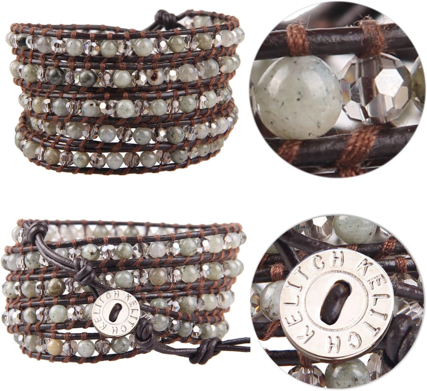 KELITCH Pearl Crystal Beads Bracelets Handmade Natural Leather 5 Wrap Bracelet for Women Classic Bangle Jewelry