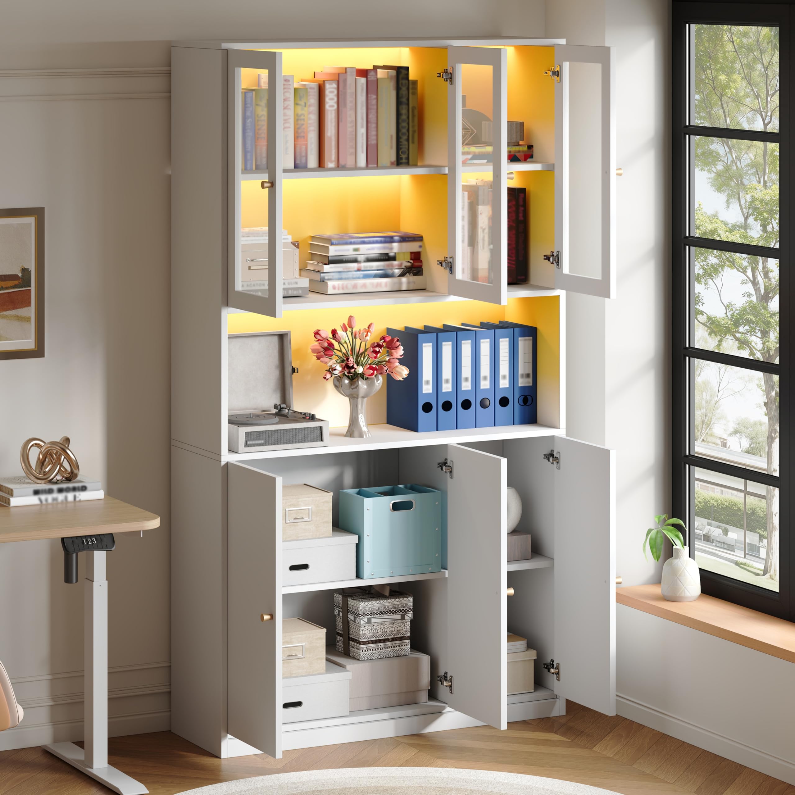 Libreria 100×35×200 cm con ante in vetro e illuminazione LED – Mobile autoportante con vetrina, vano a giorno e 3 ante; Archivio per raccoglitori e libri – Bianco (N)