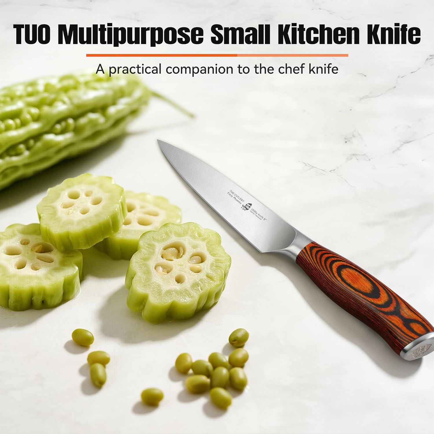 TUO Utility Knife, 5 inch Small Kitchen Knife for Paring & Slicing, with Ergonomic Pakkawood Handle, High Carbon German Stainless Steel - Fiery Phoenix Series - Image 2