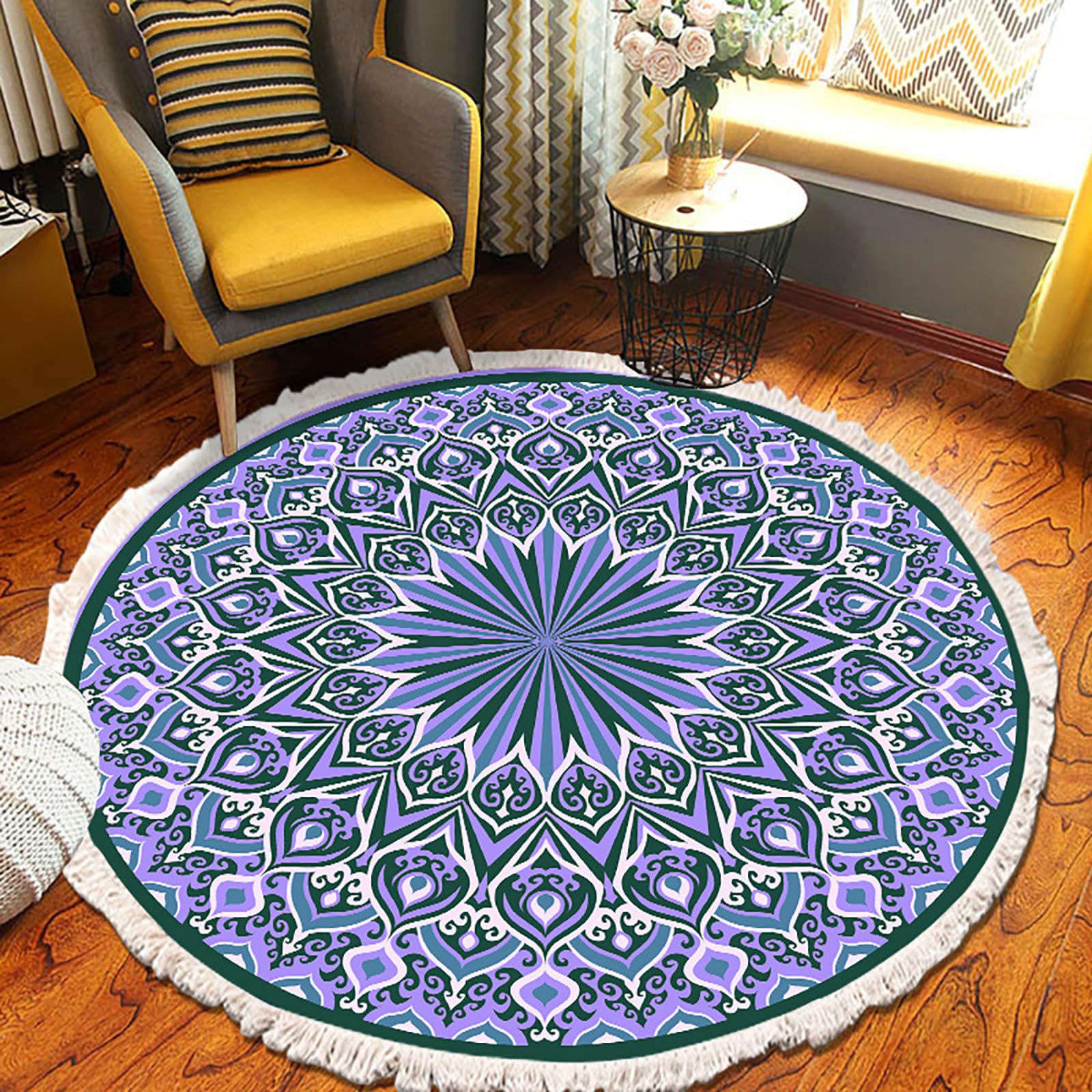 Tapis bohème floral lavable 120cm à poils courts antidérapant