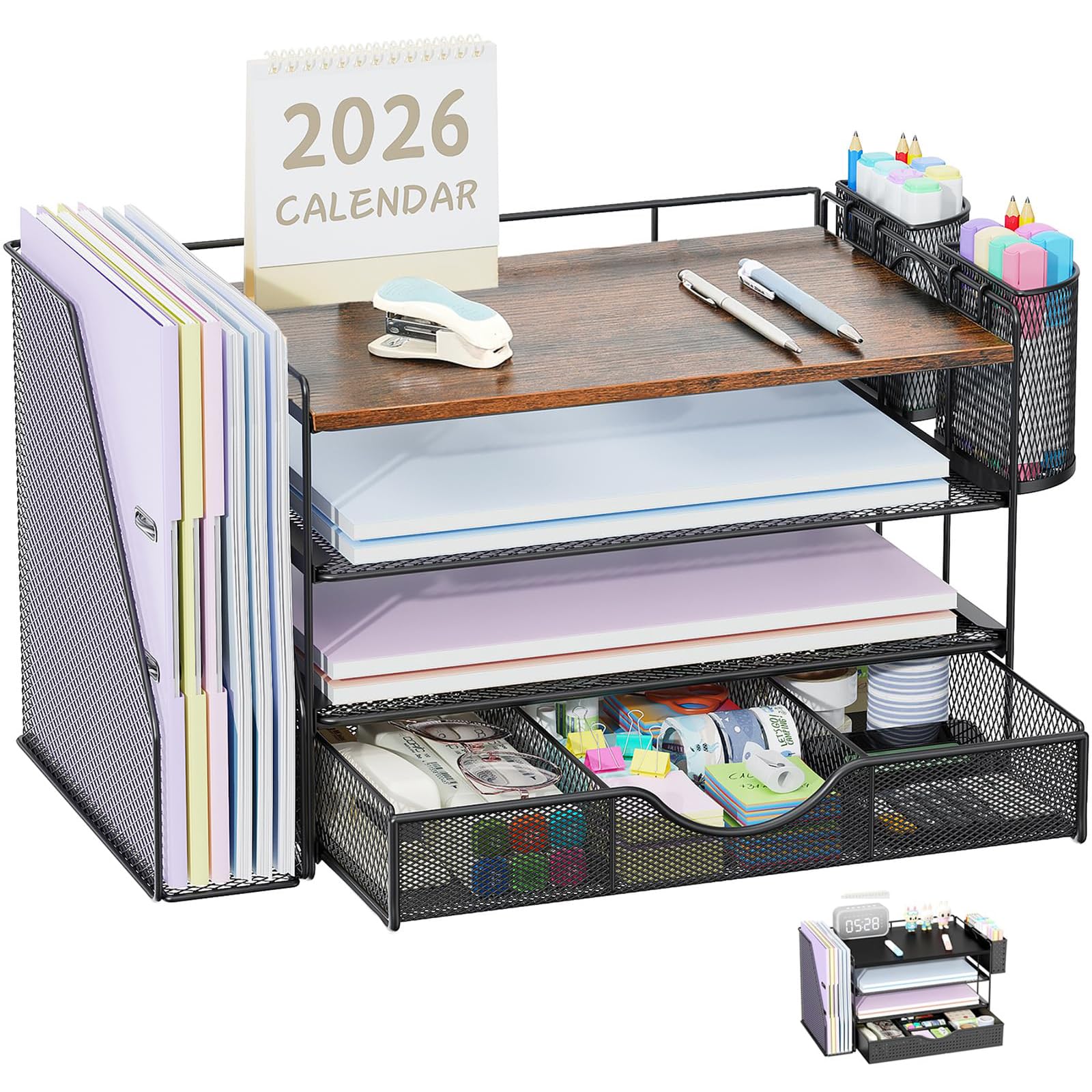 Pygocereri Wood Desk Organiser and Accessories with File Holder, 4-Tier Desk Accessories & Workspace Organisers with Drawer and Pen Holder, Paper Organiser for Office Supplies (Wood)