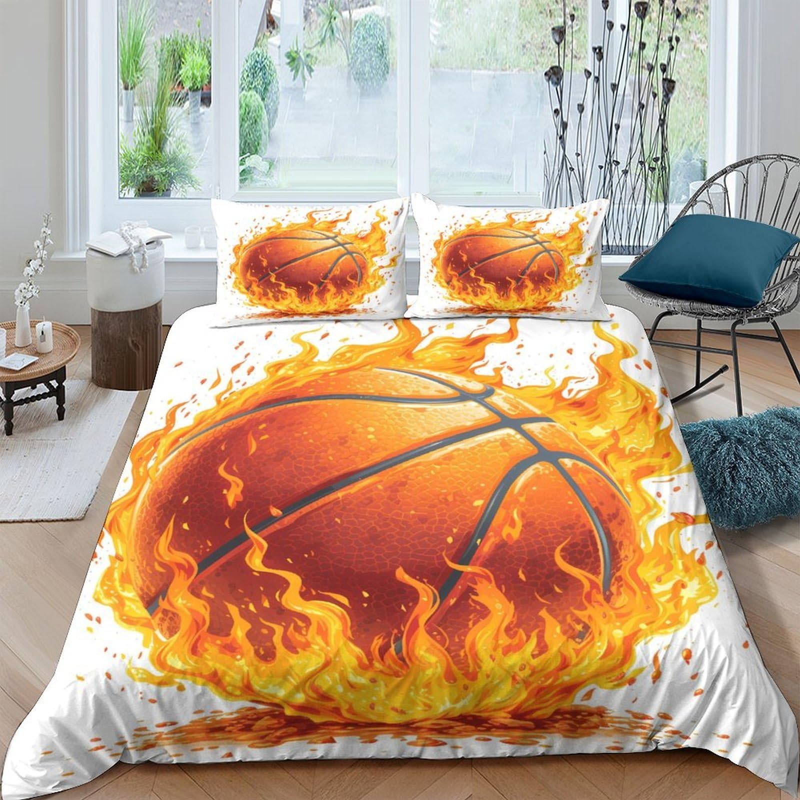 Ctjqhvkz Style-5 3D Printed Flaming Basketball Fitted Sheet Microfiber Soft Orange Fire Bed Cover For Bedroom Dorm Mattress Decor Single（135X200cm）