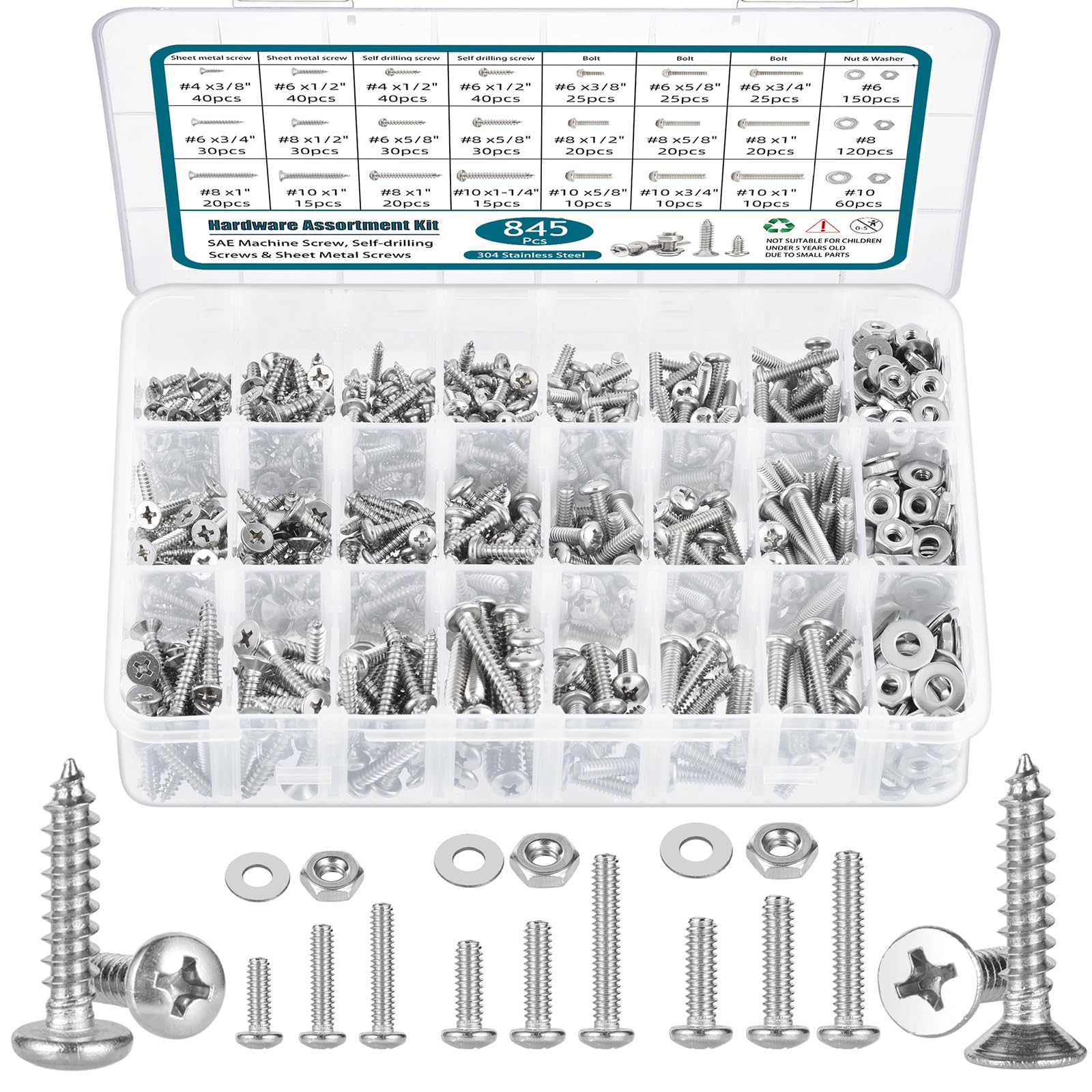 Hardware Assortment Kit - Nuts, Bolts, Screws & Washers Assorted Sizes (Kit #037), For DIY Repairs, Home, Auto, & Projects
