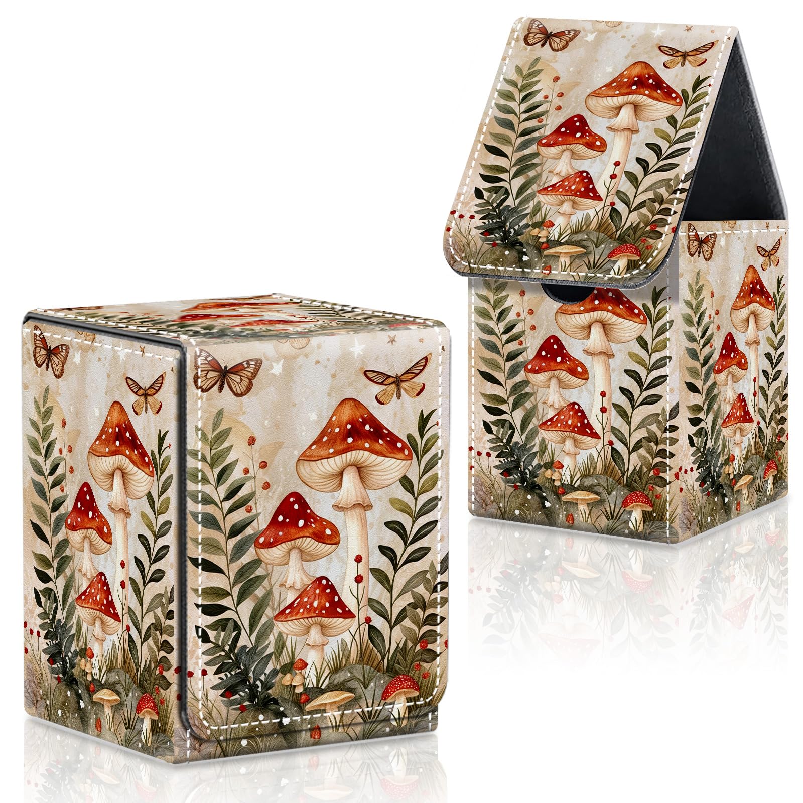 CAPAUNVDA Card Deck Box for MTG Commander Trading Cards with Magnetic Closure,Premium Card Storage Box Case Cover for MTG TCG CCG Magic Cards,Mushrooms Ferns