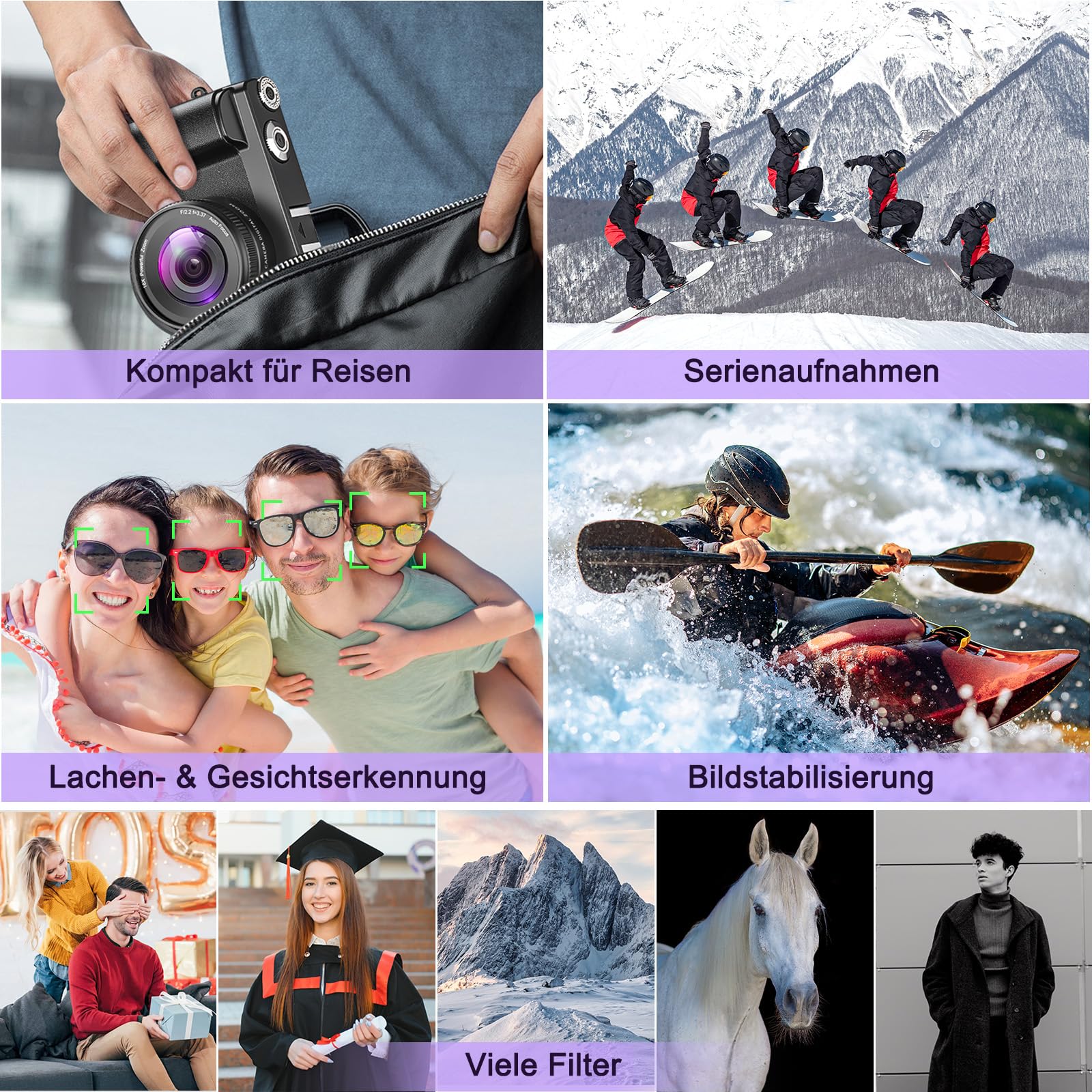 4K 64MP Digitalkamera mit WLAN und Autofokus, 3" 180° Klappbildschirm, Kompaktkamera mit 32GB Karte, Ladestation und 2 Akkus