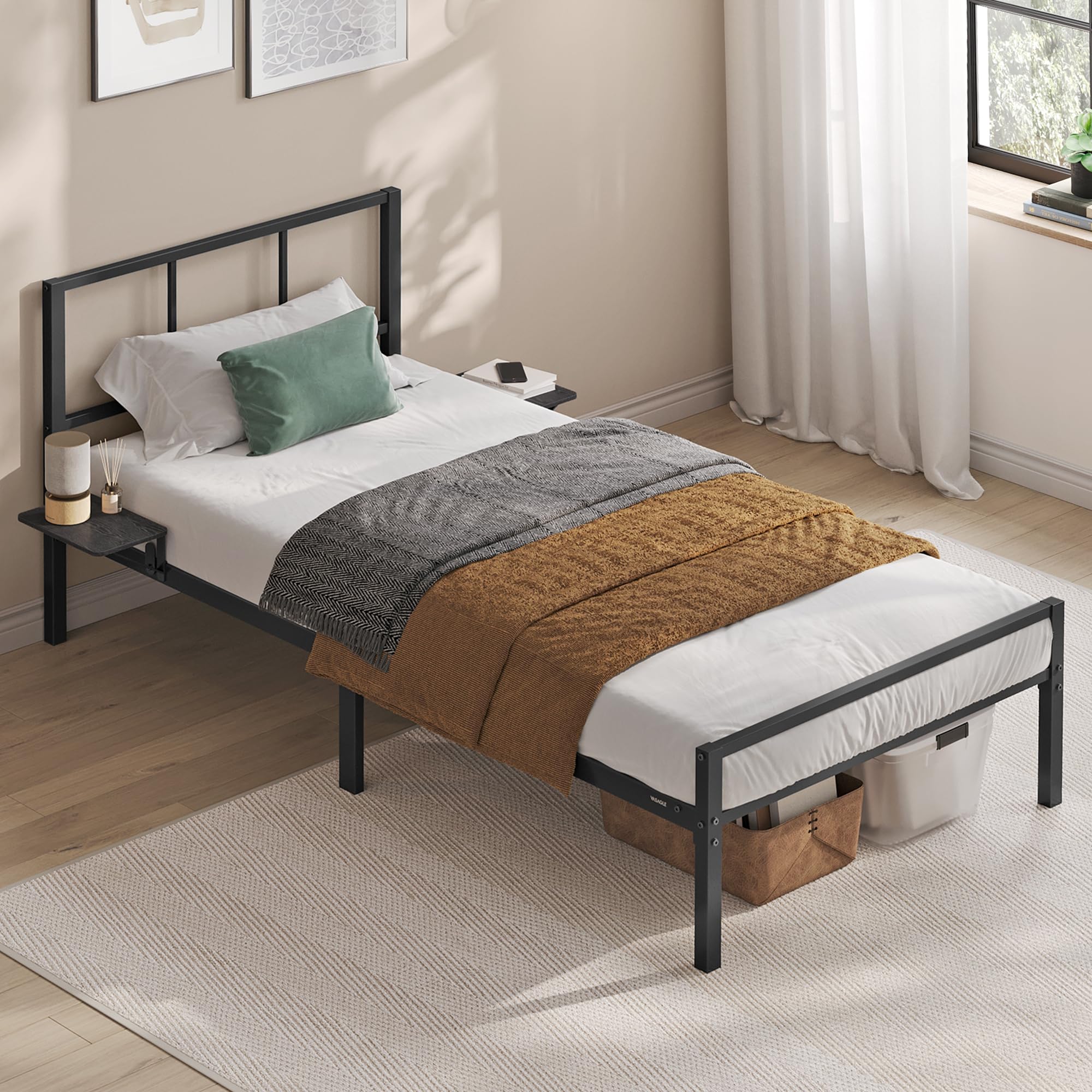 VASAGLE Single Metal Bed Frame with Headboard, Bedside Shelves
