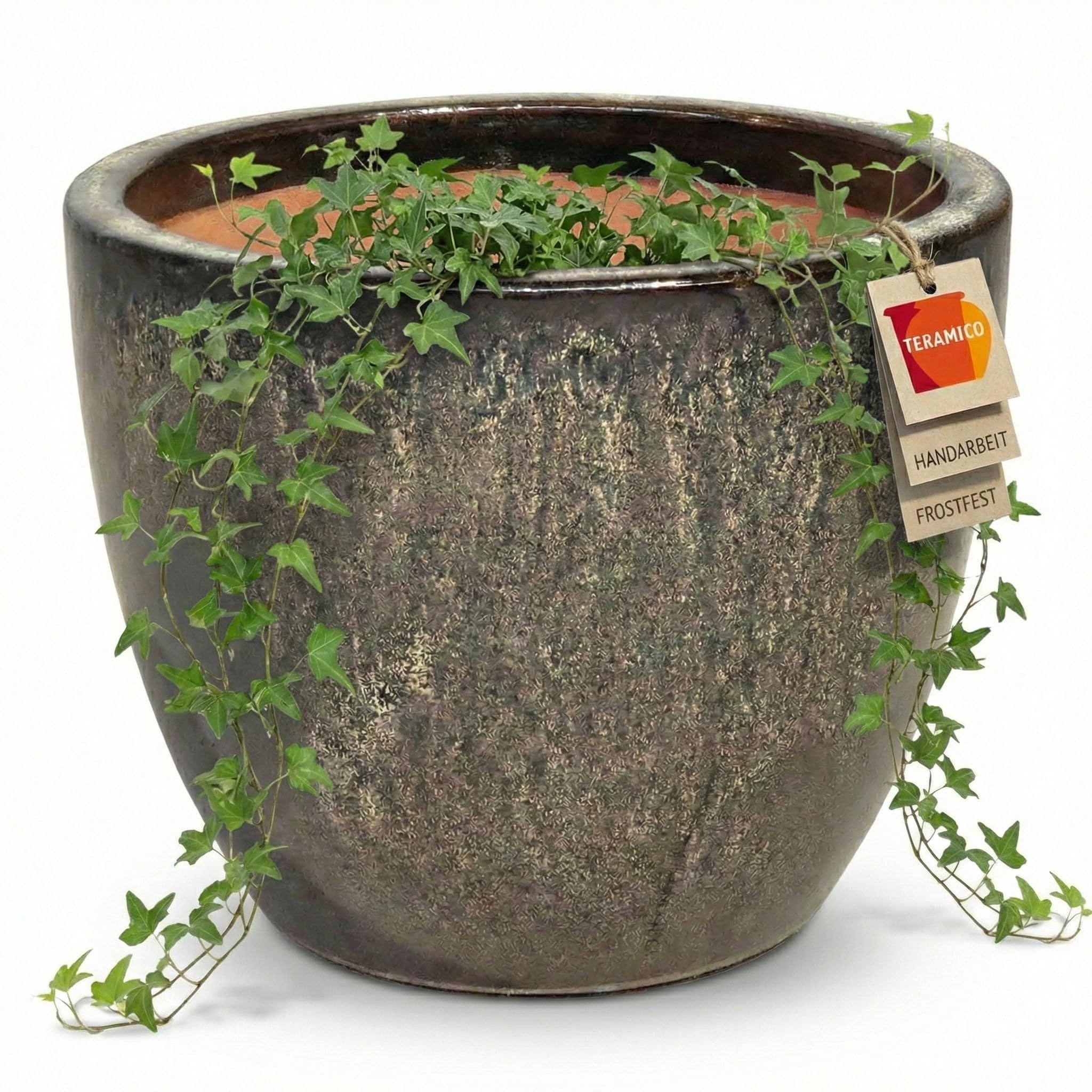 Teramico Premium Pflanzkübel Keramik glasiert – 100% Frostfest & Handarbeit. Blumenkübel mit Loch für Außen & Innen. Hochwertiger Übertopf Unikat Winterfest (Braun, 29cm x 23cm)