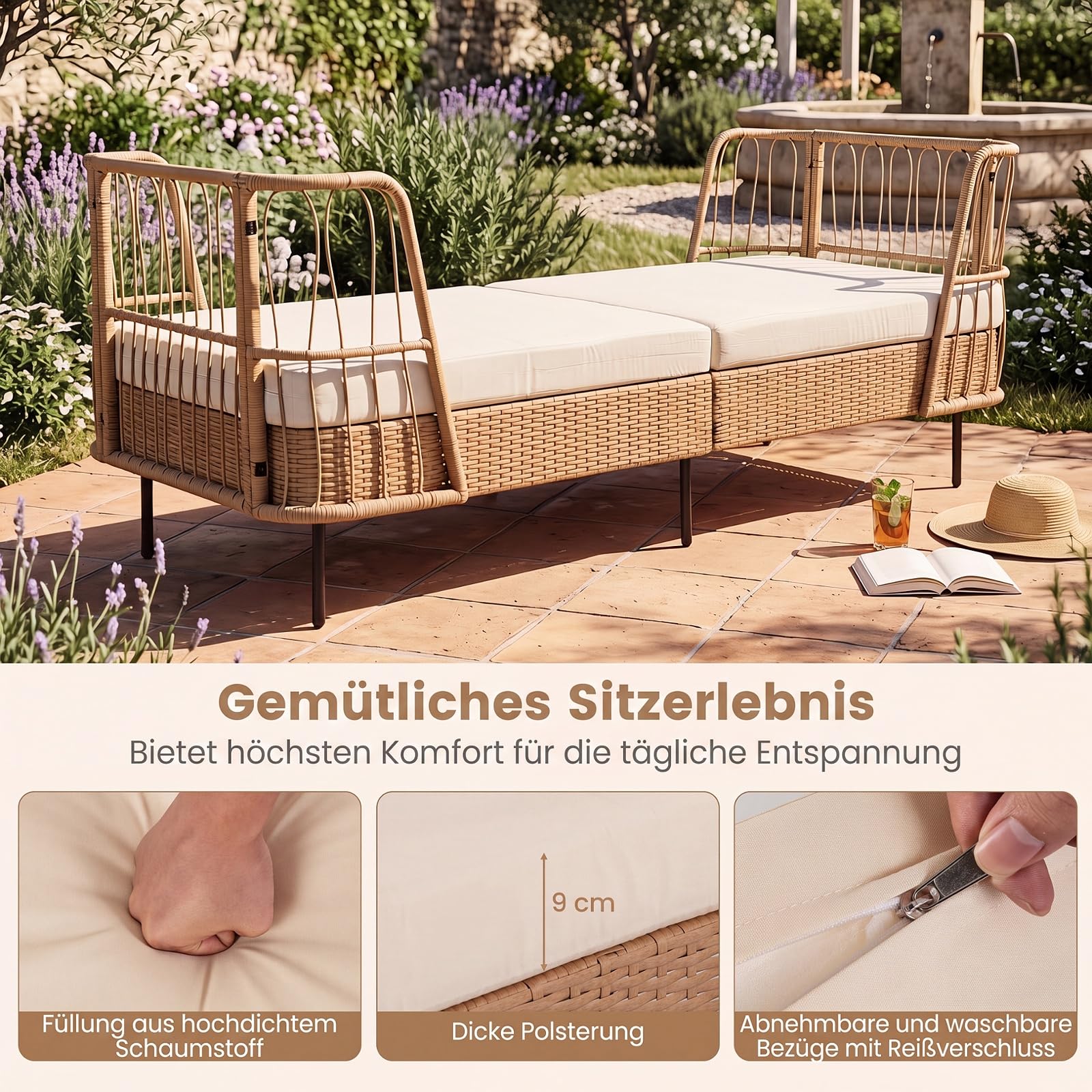 COSTWAY Rattan Lounge Sofa, Lounge Möbel Outdoor, Gartenlounge | Gartenliege mit Kissen, Daybed Wetterfest, Polyrattan Gartenmöbel, Balkonmöbel Kleiner Balkon