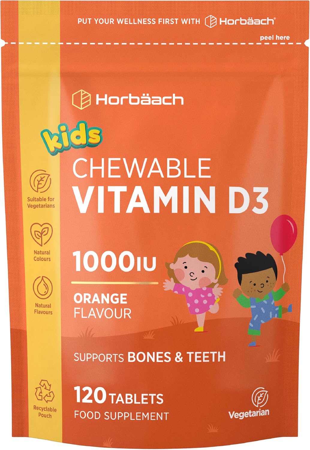 Kids Vitamin D3 1000iu | 120 Chewable Tablets (4 Months Supply) | Orange Flavoured Vitamin D Supplement for Children Aged 4+ | Suitable for Vegans | by Horbaach