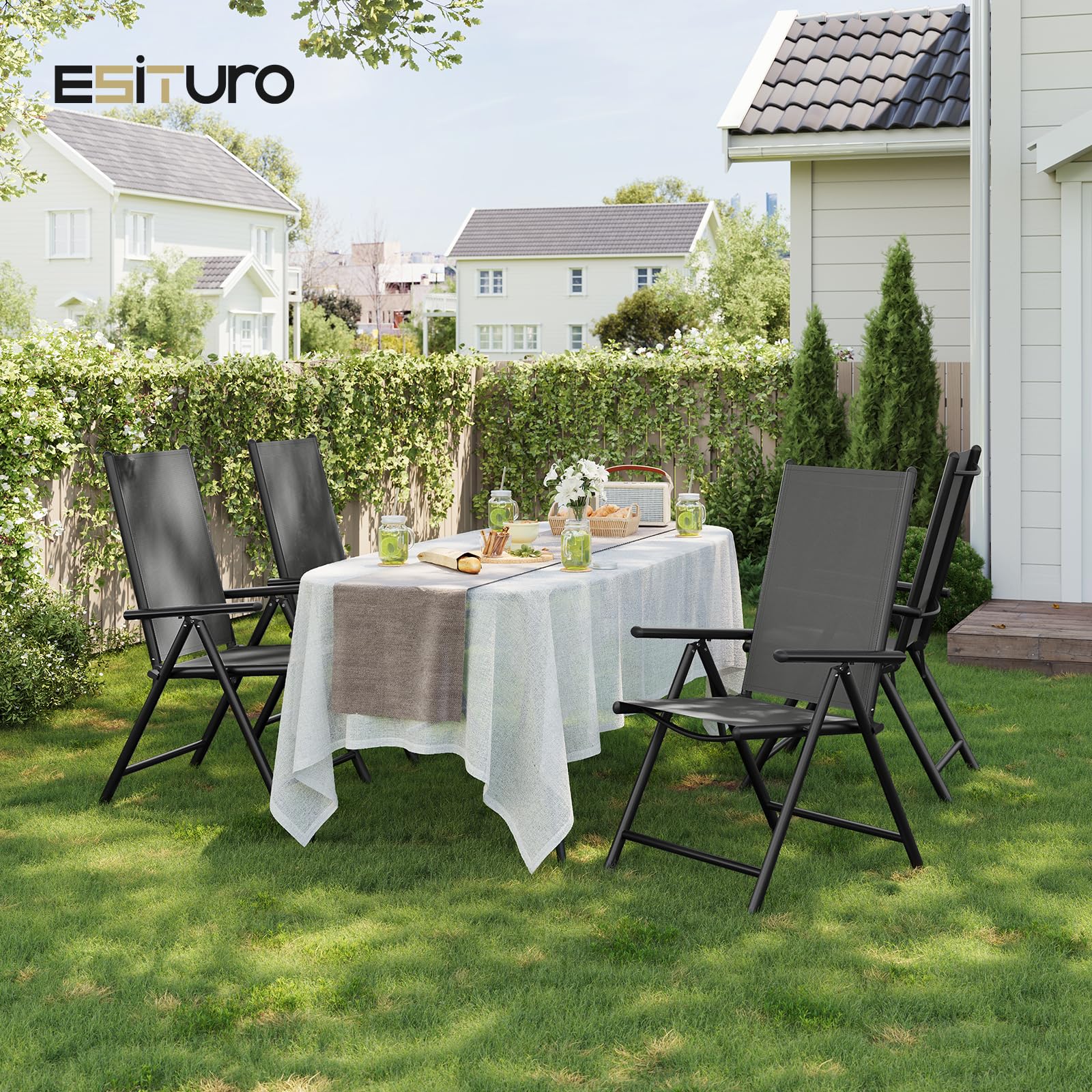 eSituro Set di 2 Sedie da Giardino Pieghevoli, Schienale Regolabile a 7 Livelli, Sedia Pieghevole in Metallo, Resistente Alle Intemperie, Portata 150 Kg, per Giardino Balcone Terrazza, Nero Grigio