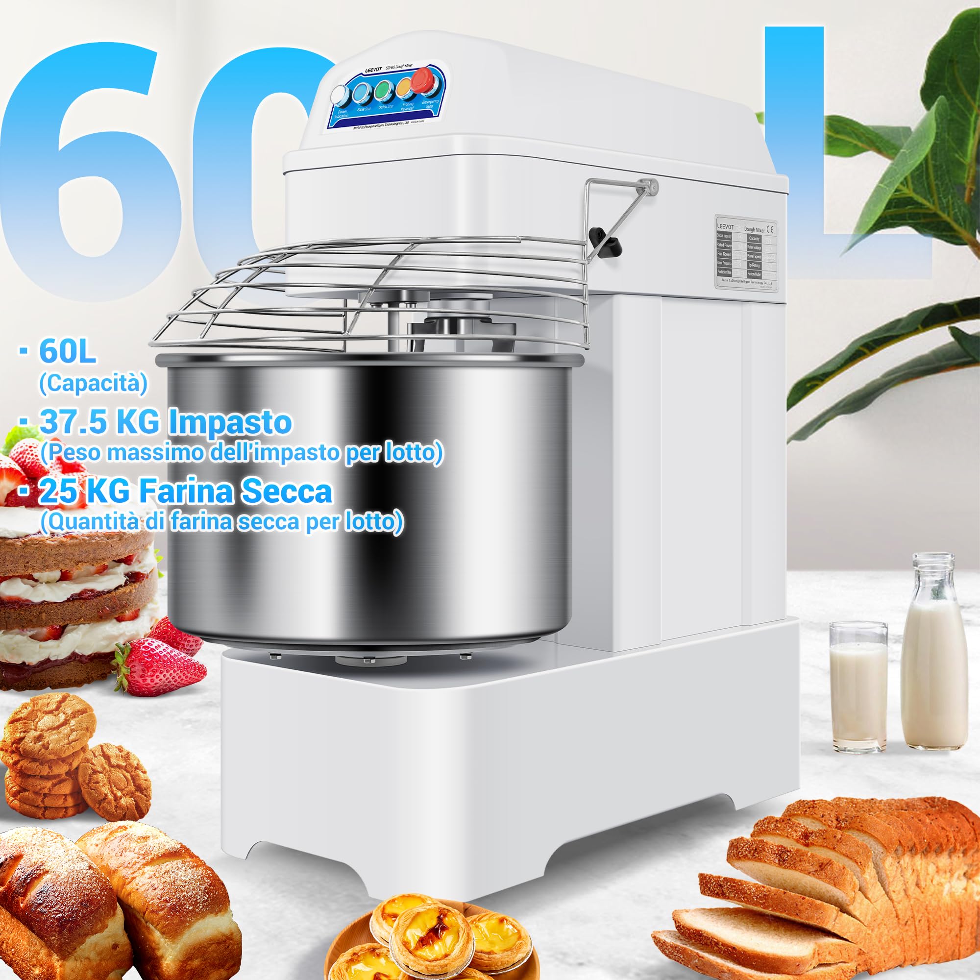 LEEVOT Impastatrice Planetaria, 4000W Planetaria Professionale, Ciotola in Acciaio 60L, 25KG Farina, 35KG Impasto, 2 Velocità Regolabili, Spegnimento Automatico, Alimentazione a 380V a tre fasi.