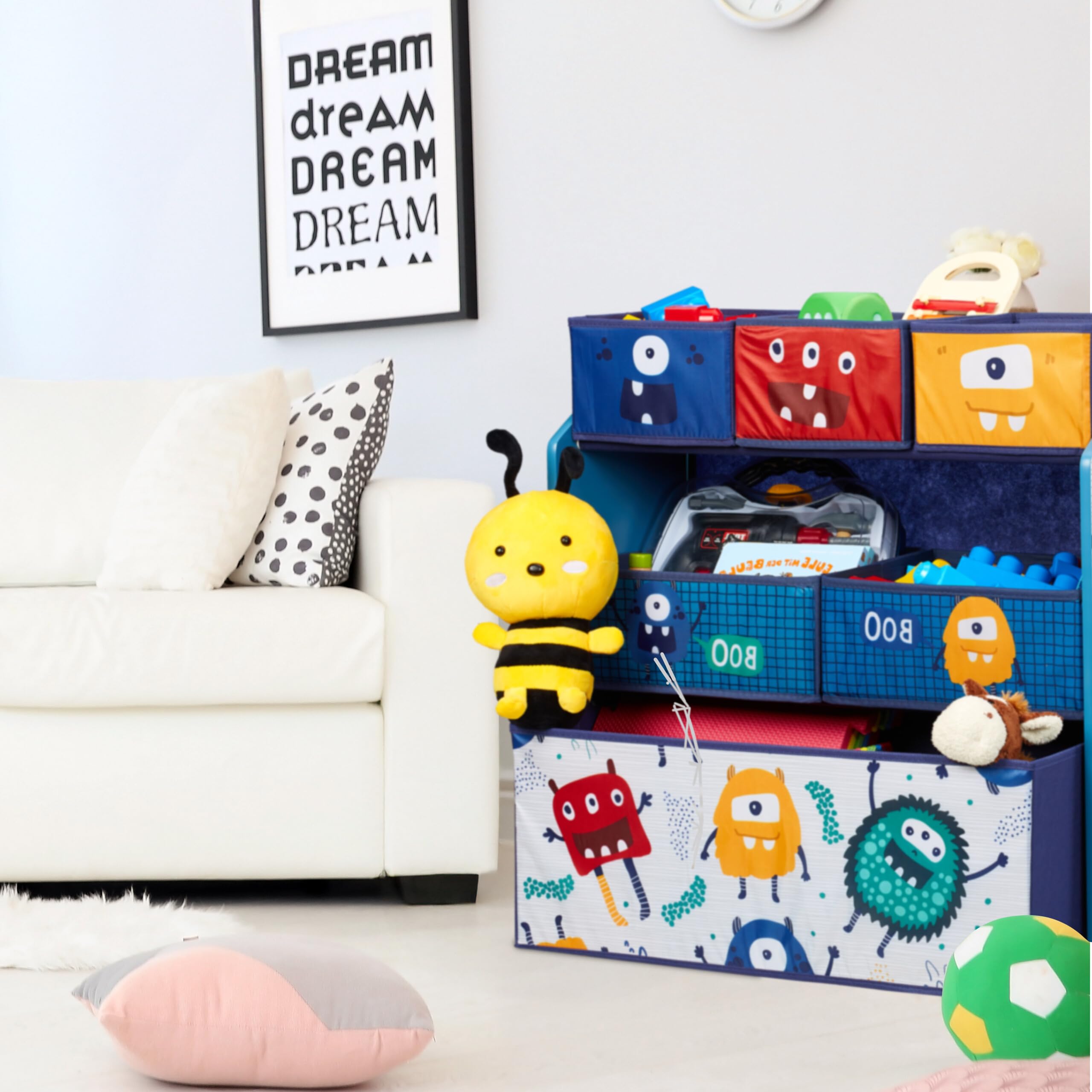 Relaxdays Estantería Infantil, 6 Cajas Tela, Monstruos, Librería Niños, Ruedas, 66x63,5x30cm, Caja Juguetes, Multicolor