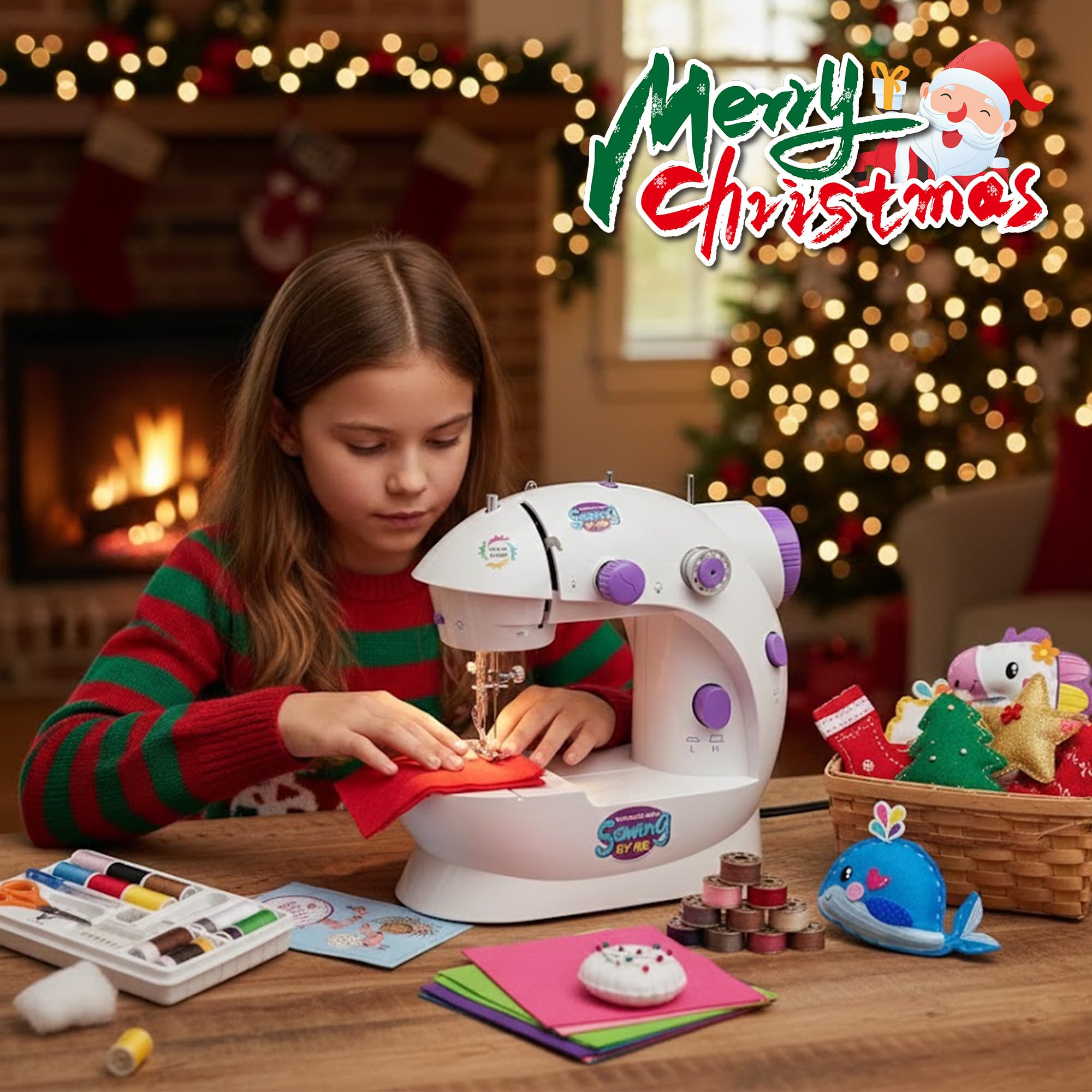 Flying Banana Mini máquina de coser con mesa de extensión mejorada, hilo doble ajustable portátil de 2 velocidades con kit de máquina de coser eléctrica con pedal para niños principiantes