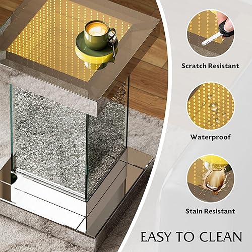 Miniatura 8 de IKIFLY Mesa auxiliar con espejo con luces LED de lasaña, mesa auxiliar moderna con diamante triturado, mesita de noche para sala de estar y