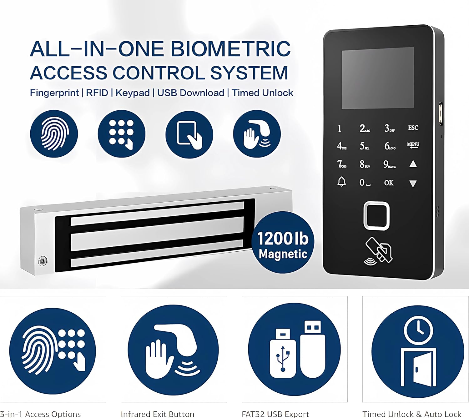 Biometric Access Control System with Fingerprint, Keypad, RFID, Infrared Exit Button, 1200lb Magnetic Lock, LCD Display, USB Download, Attendance Tracking, Timed Unlock,for Office, Store, Home