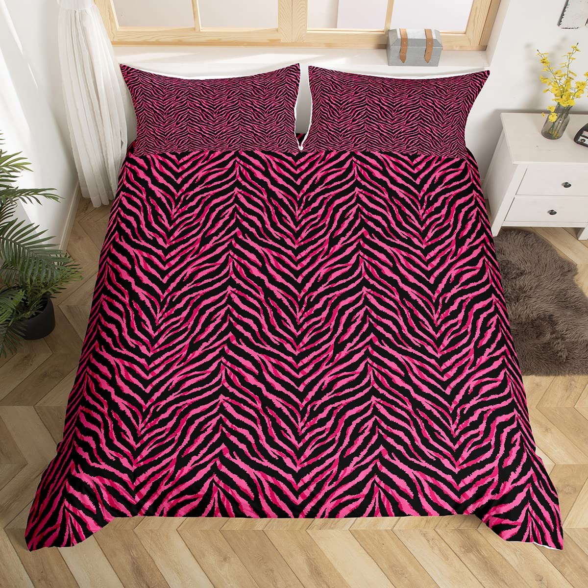 Pink Zebra Skin Duvet Cover Super King Size,Africa Wildlife Comforter Cover for Adults Kids Bedroom Decor,Animals Fur Romantic Stripes Comfortable Bedding Set 2 Pillowcases,No Comforter