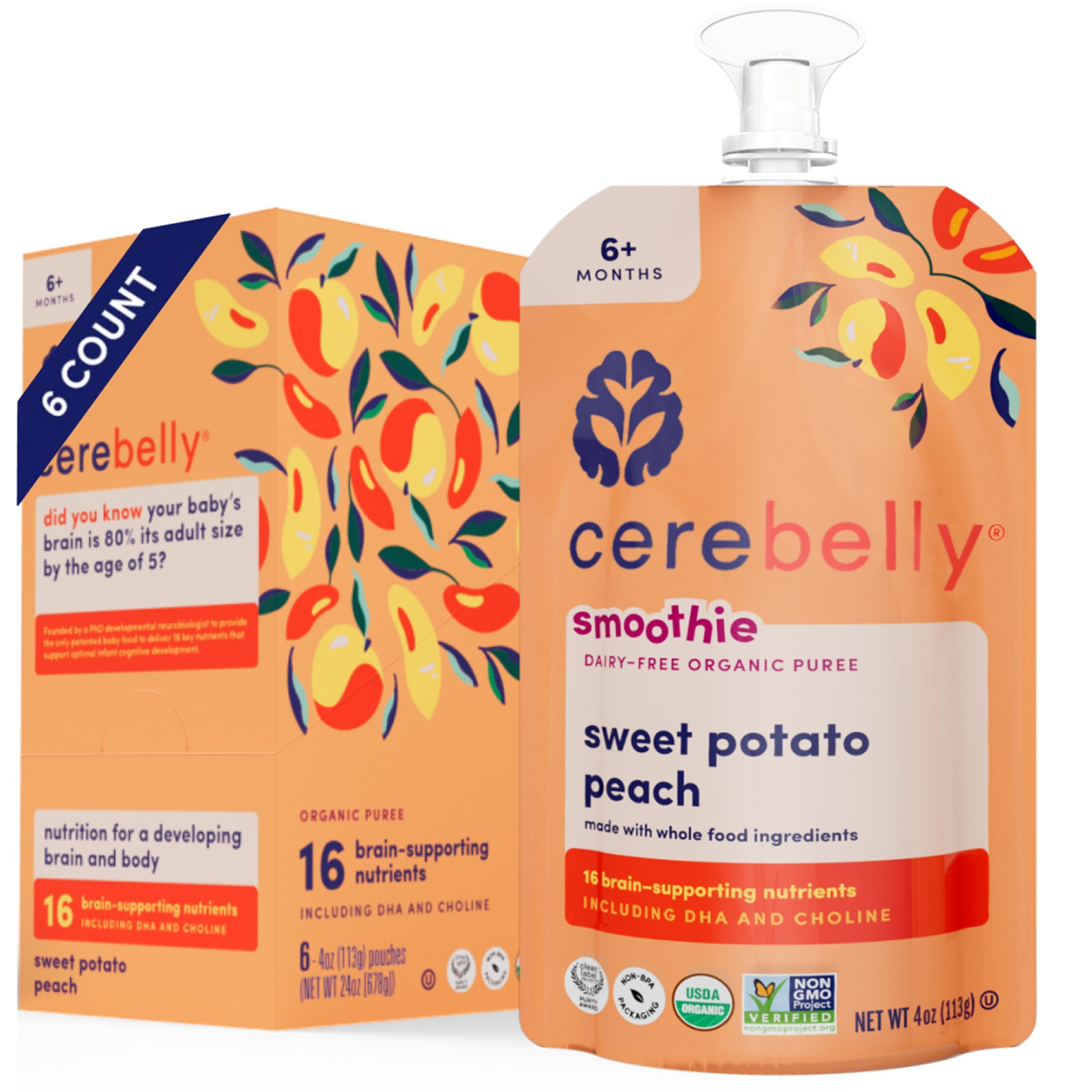 Cerebelly Organic Baby Food Pouches, Sweet Potato Peach Dairy-Free Smoothies, 16 Nutrients, No Added Sugar, Fiber & Non-GMO, 4oz, 6 Pack