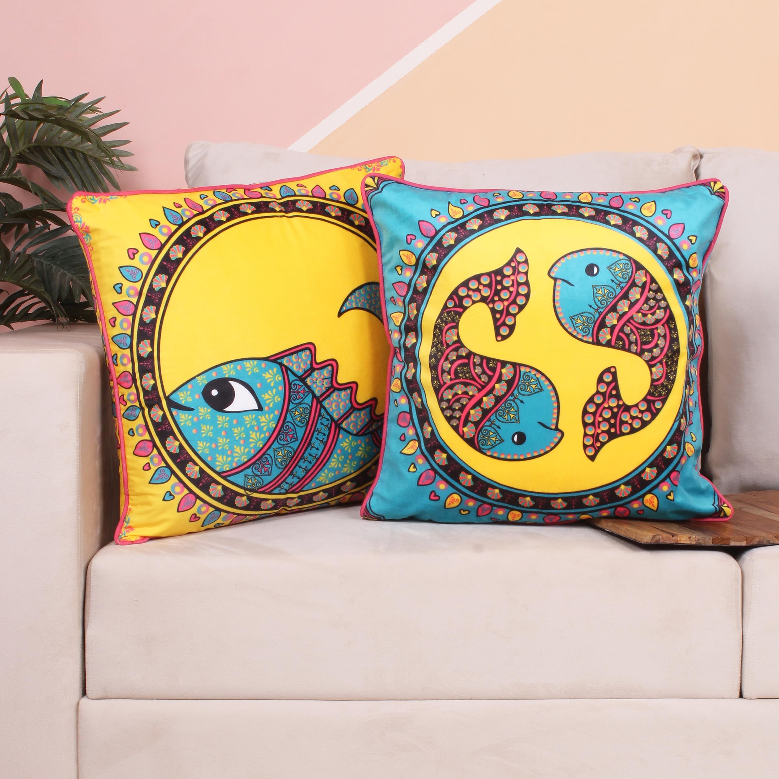 UmI. Fish Both Sided Living Room Sofa Velvet Piping Cushion/Pillow Covers (12X12 Inch, Set Of 2) - Yellow