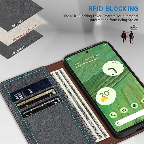 Miniatura 9 de ZZXX Funda tipo cartera para Google Pixel 7 con bloqueo RFID, soporte de ranura para tarjetas, funda protectora de cuero magnético fuerte plegable