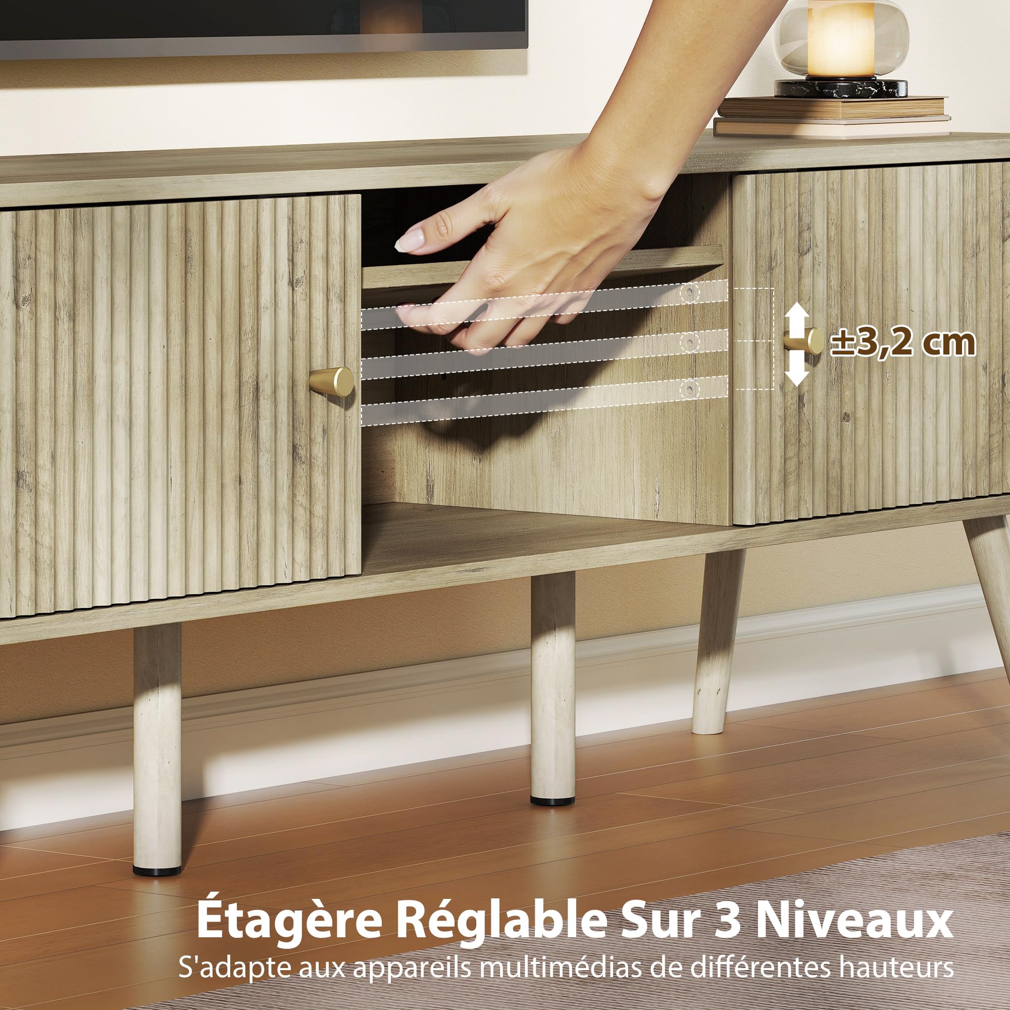 HOMCOM Meuble TV 140 cm, Meuble télé pour téléviseur jusqu'à 65 Pouces avec 2 Portes, 2 Compartiments Ouverts, étagère réglable et Pieds en pin, Banc TV pour Salon, Chambre à Coucher, chêne