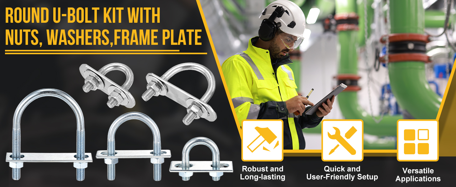 Image of DTGN M8x76x103mm U Bolts Round Kit - 2Set - 304 Stainless Steel U-Bolt Kit with Nuts, Washers, Frame Plate - Good for Pipe, Trailer, Automotive, Leaf Spring Fastener