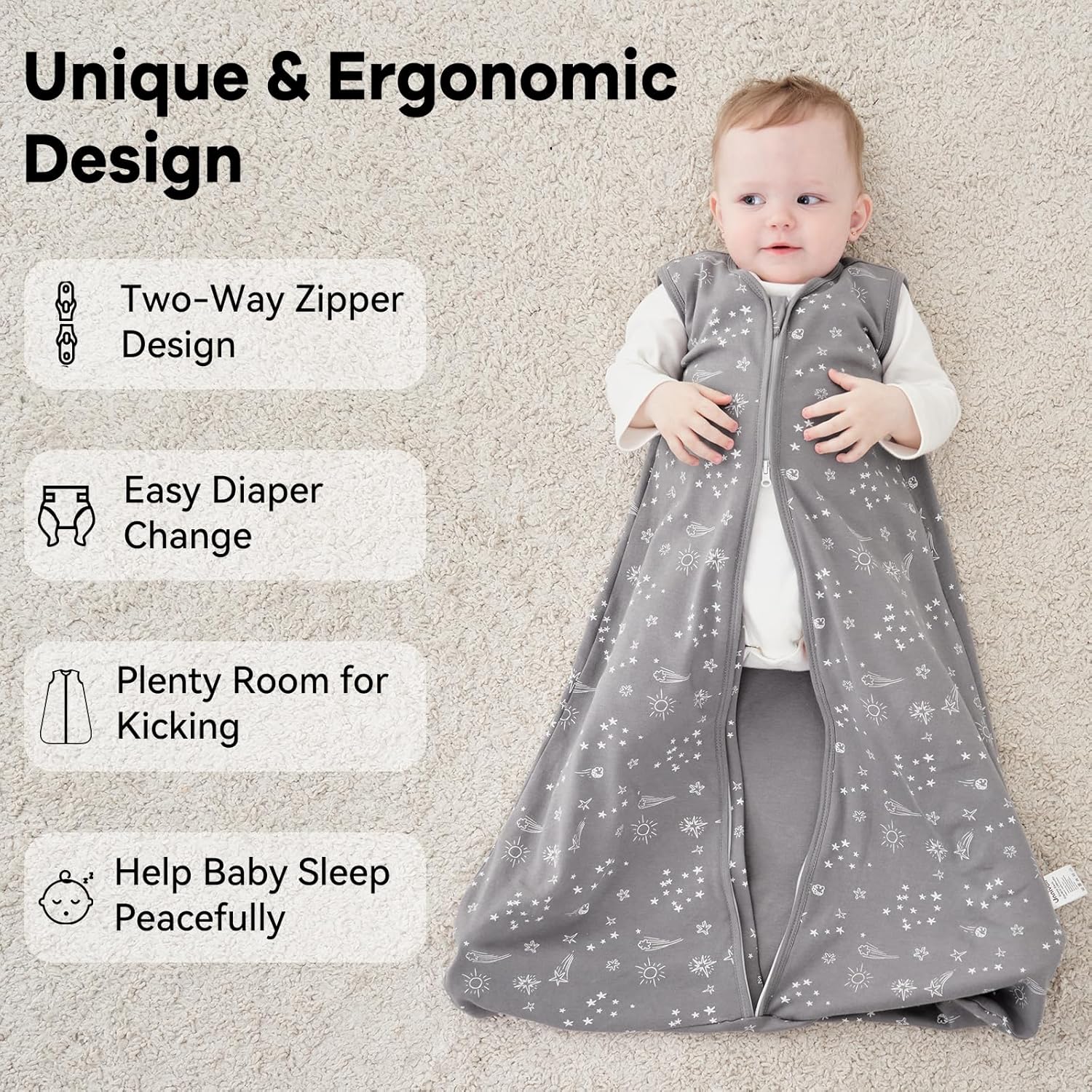 Baby Sleep Sack 0-6 Months 3 Pack 100% Cotton Lightweight 0.5 TOG Wearable Blanket Baby Sleep Bag with 2-Way Zipper for Newborn Infant