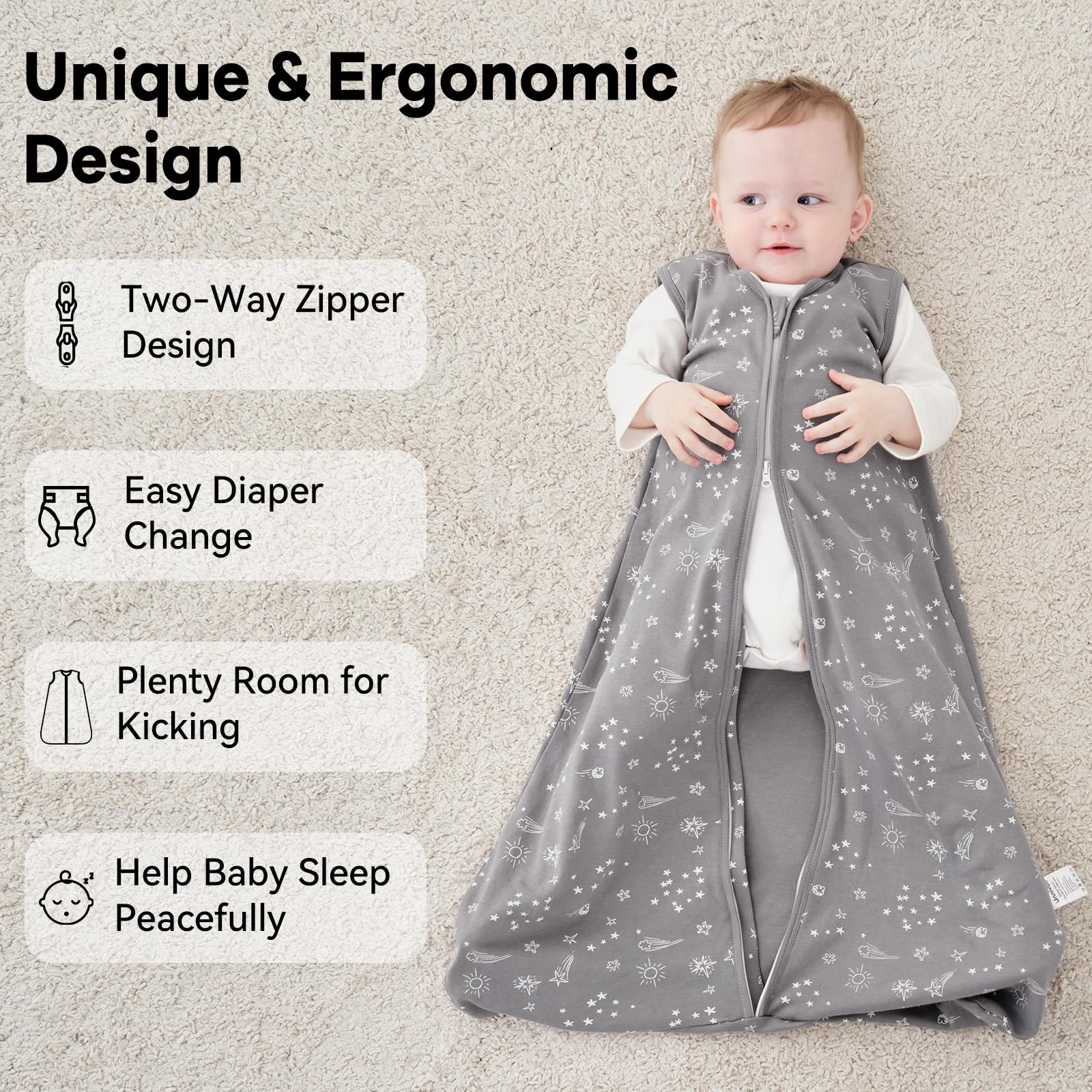 Unnivoll Set di 3 Sacco Nanna per Bambini 100% Cotone Sacco a Pelo Estivo 0.5 TOG Sacco Nanna per Neonato Ragazze e Ragazzi 18-24 Mesi Costellazione grigio verde