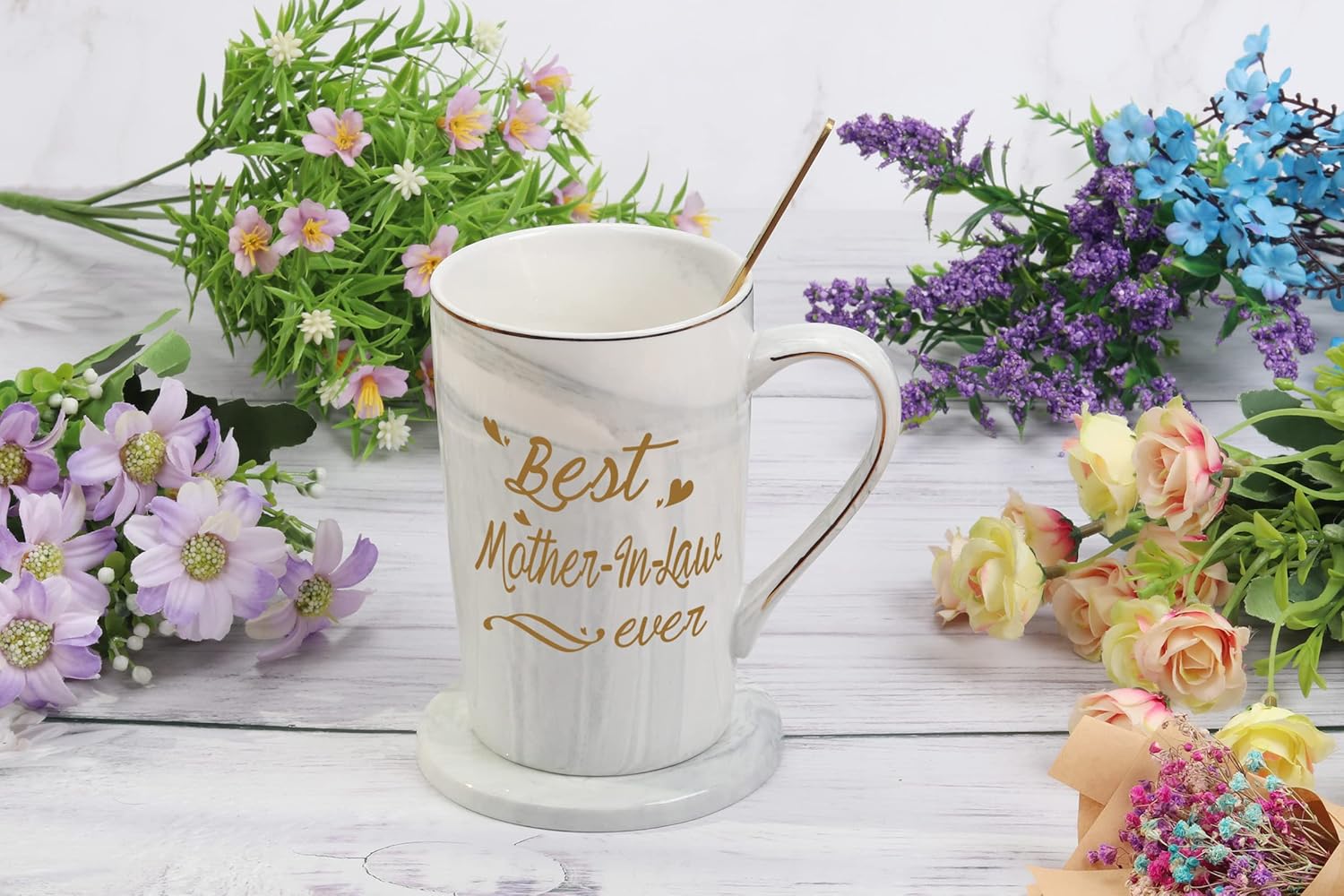 Mother In Law Coffee Mugs Best Mother In Law Coffee Mug Best Mother In Law Gifts Birthday Mothers Day Best Mother In Law Gifts from Daughter Son In Law 14 Ounce Grey with Gift Box Spoon Coaster - Image 4