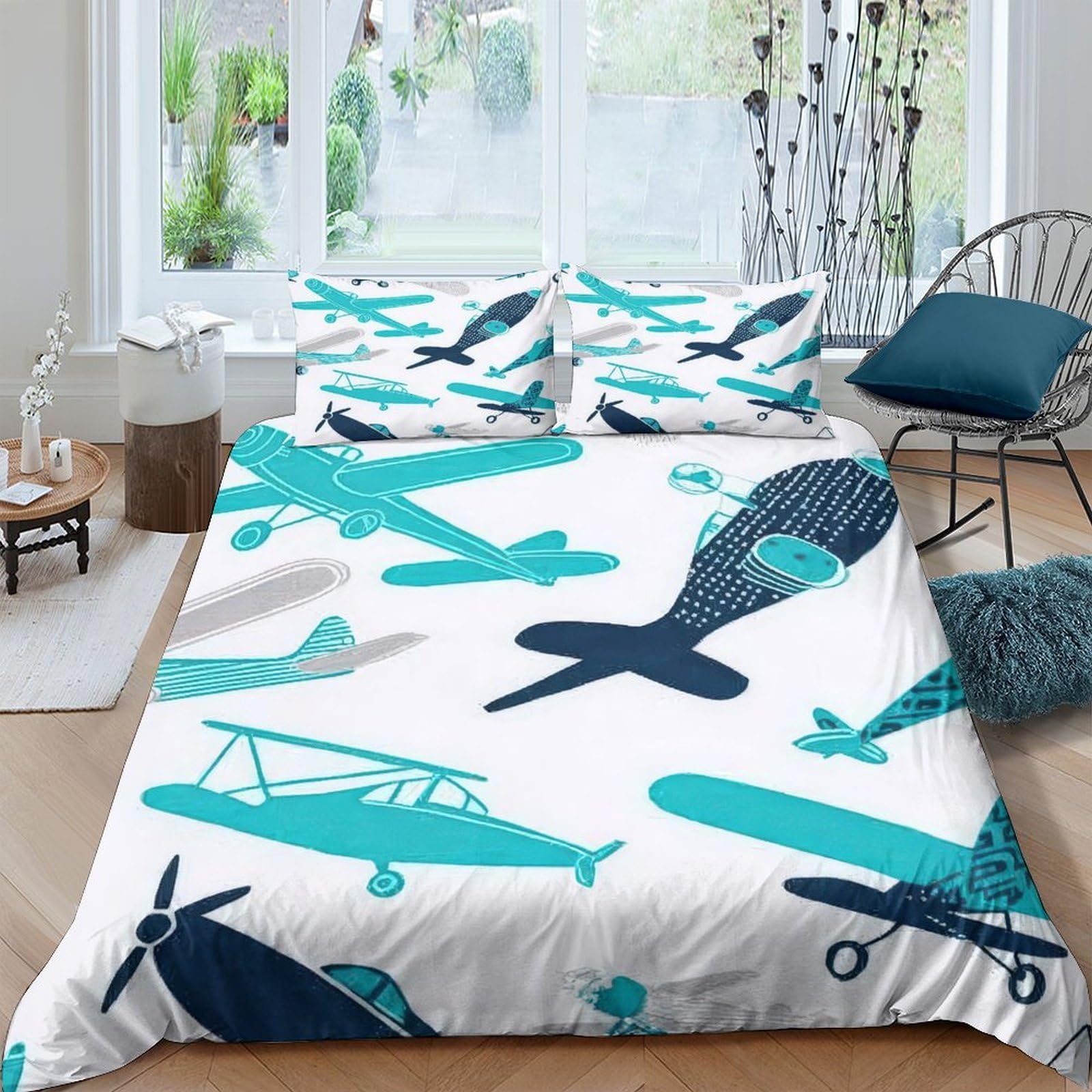 Ctjqhvkz Style-6 3D Printed Blue Airplane Fitted Sheet Microfiber Soft Anti-Slip Aircraft Bed Cover For Bedroom Dorm Mattress Protection Decor Single（135X200cm）
