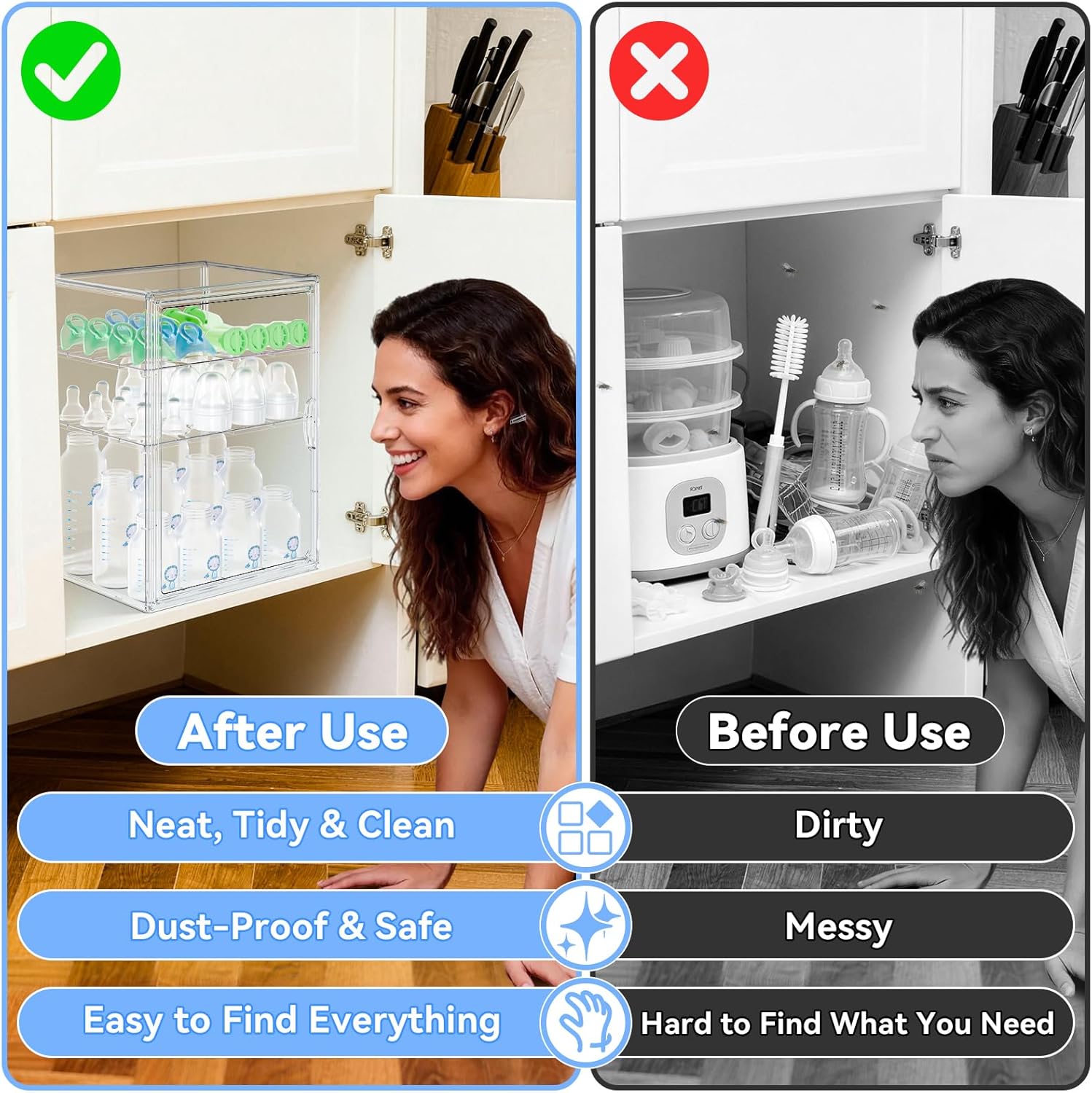 Baby Bottle Storage Organizer for Countertop, Large Clear Bottle Organizer, Baby Bottle Storage Organizer for Bottles, Nipples, Pump Parts & Food Jars, Nursery Cabinet, Kitchen Pantry