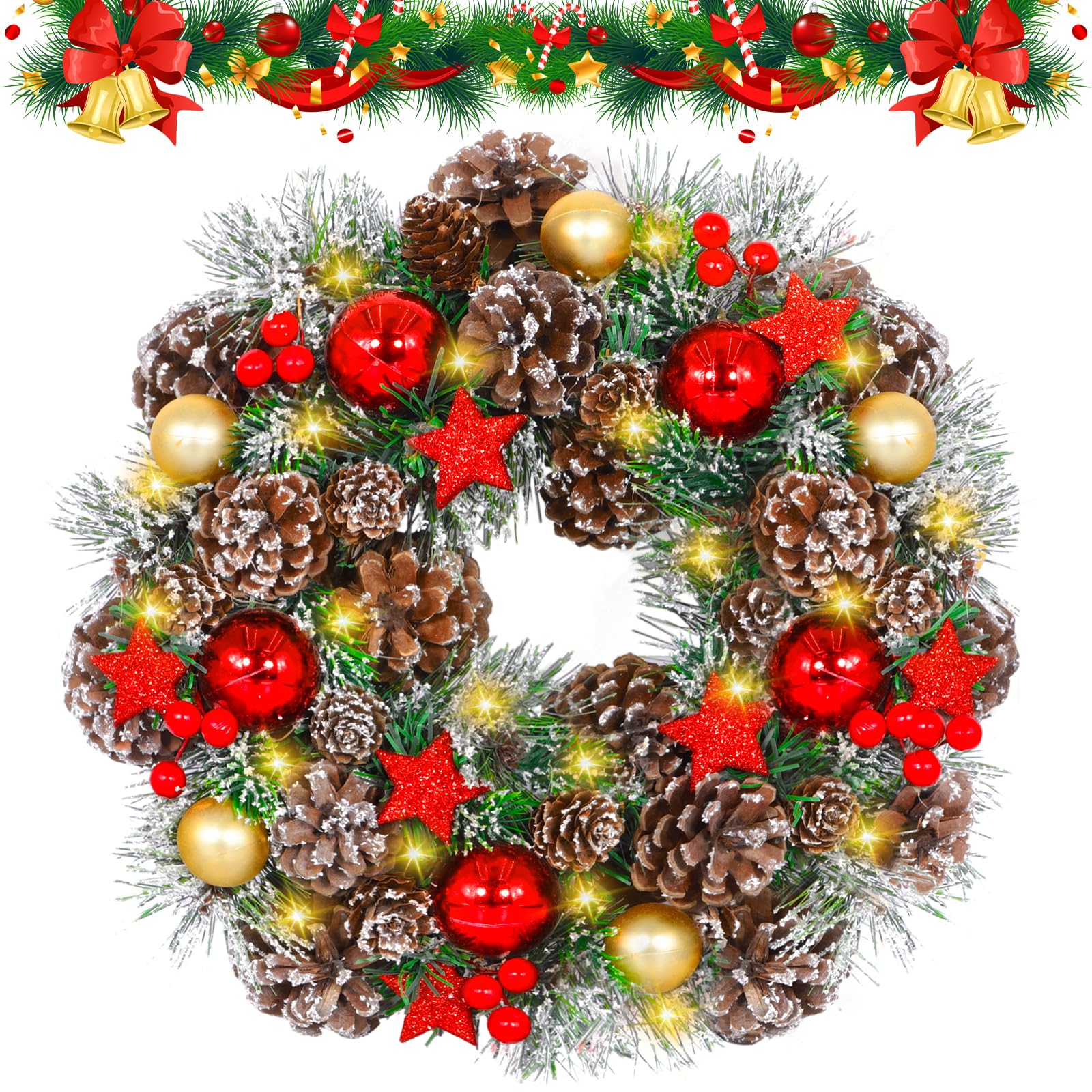 Corona Navidad Puerta 35cm, Corona de Navidad Con 30 Luces Led, Decoracion Puerta Navidad Con Bolas, Piñas, Bayas, Pentagramas, Guirnalda de Navidad para Puerta de Entrada, Decoración de Pared