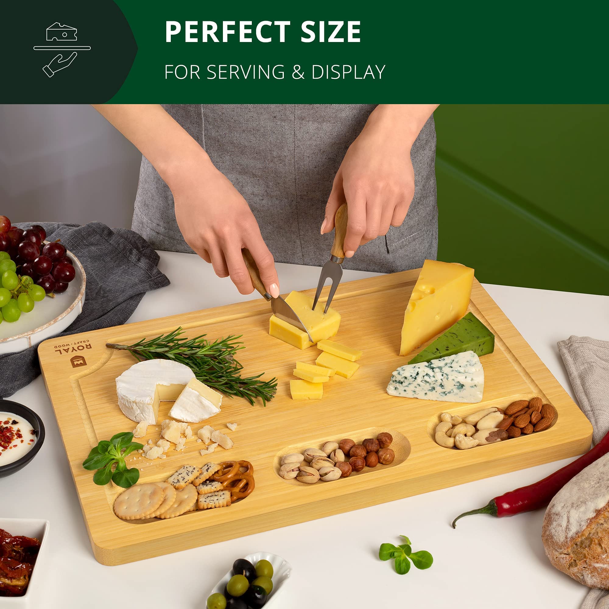 Large Round Cheese Board and Knife Set Charcuterie Board, Bamboo