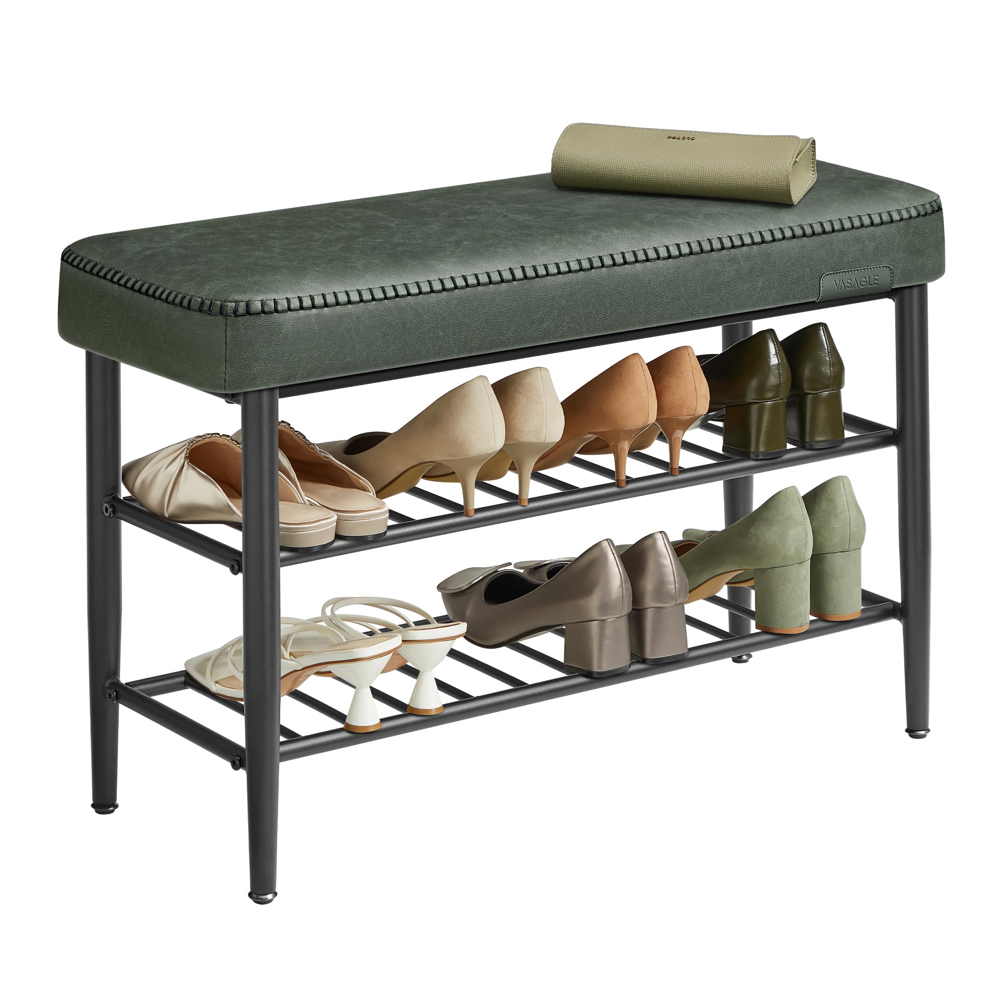 VASAGLE Banco Zapatero, Piel Sintética, Carga 135 kg, 30 x 80 x 50 cm | Banco de Almacenaje, Zapatero de Entrada, Con Costuras, Moderno de Siglo Mediados, Verde Bosque, EKHO Colección LSB054C01