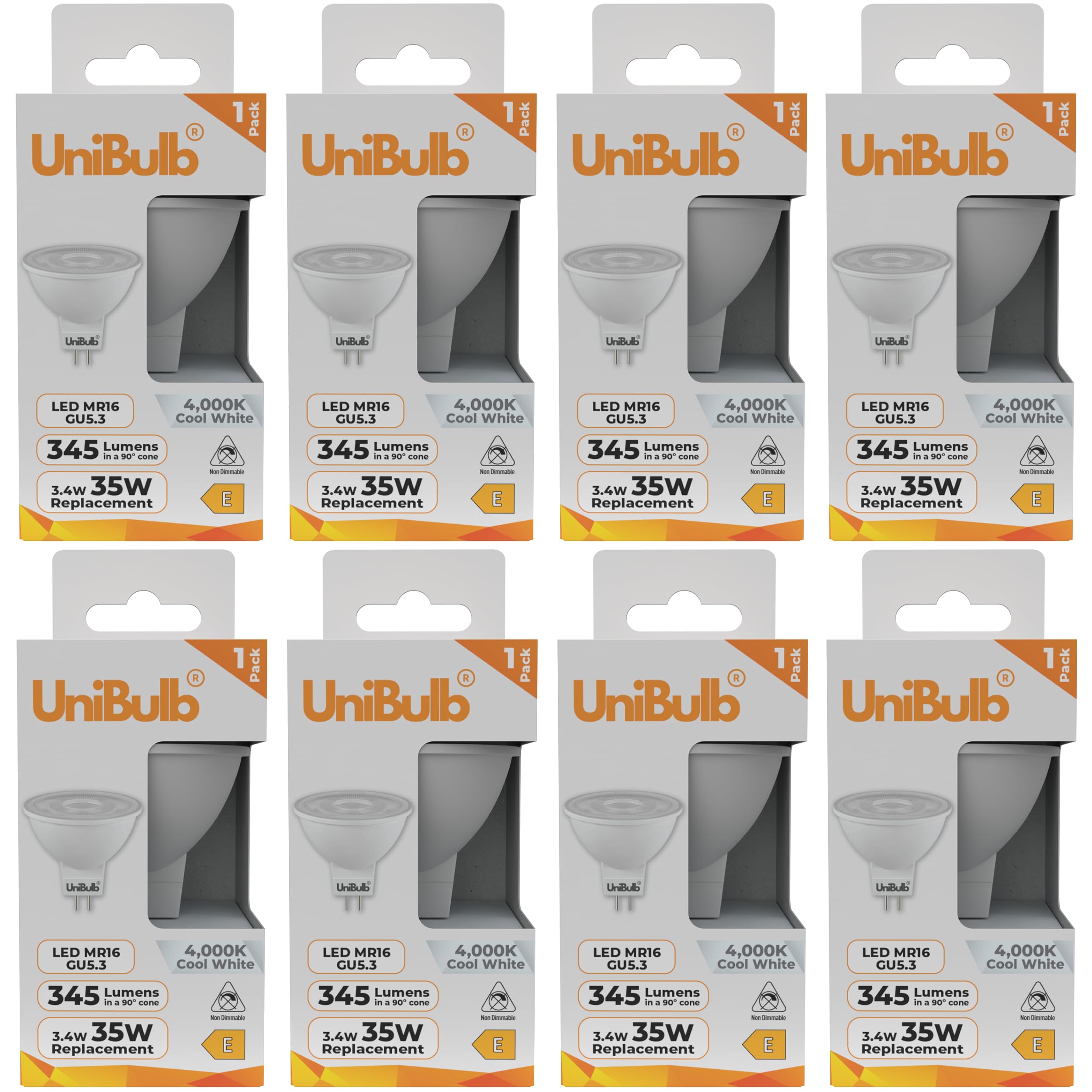 Unibulb GU5.3 MR16 3.4W Energy Efficient LED Spotlight Downlight Ceiling Light Bulb, 345 Lumens, 4000K Cool White, 35W Equivalent, 25,000hr Lifespan, 12V, Non-Dimmable (8)