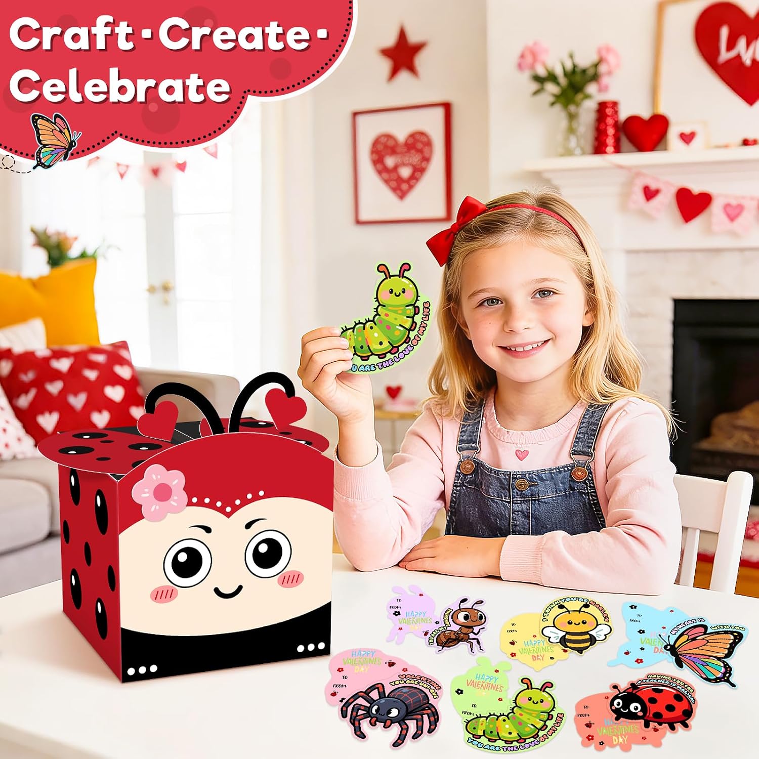 Valentines DIY Mailbox for Kids with 36 Greeting Cards Valentine's Day Ladybug Card Box for Kids Classroom School Gift Exchange Valentines Party Favors(30 Valentine Card, 6 Teacher Card)