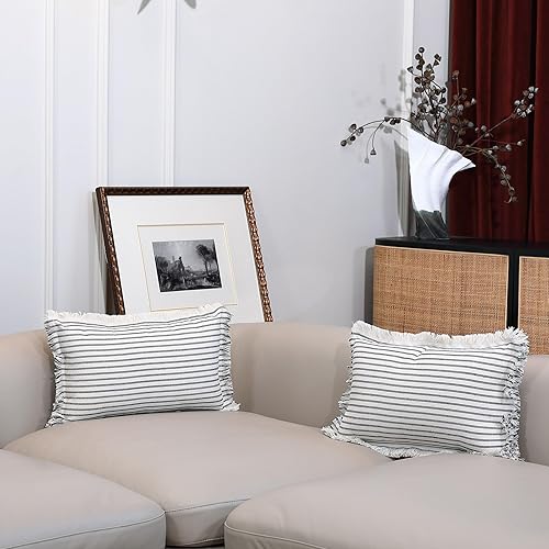 Miniatura 3 de BOYSUM Juego de 2 fundas de almohada decorativas de lino con flecos de 12 x 20 pulgadas para cama, sala de estar, fundas de almohada a rayas, estilo