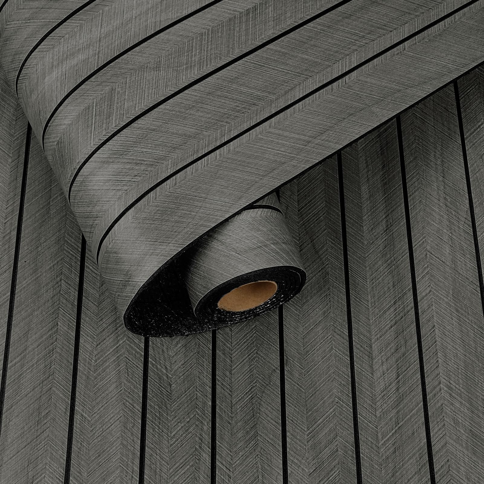 Yullpaper 3D Wooden Slats Wall Panels Self Adhesive Bedroom Wallpaper Black Decorative Wall Panels for Living Room Kitchen Decor Bathroom PVC Cladding Waterproof Black Panel Wallpaper 30 x 300cm