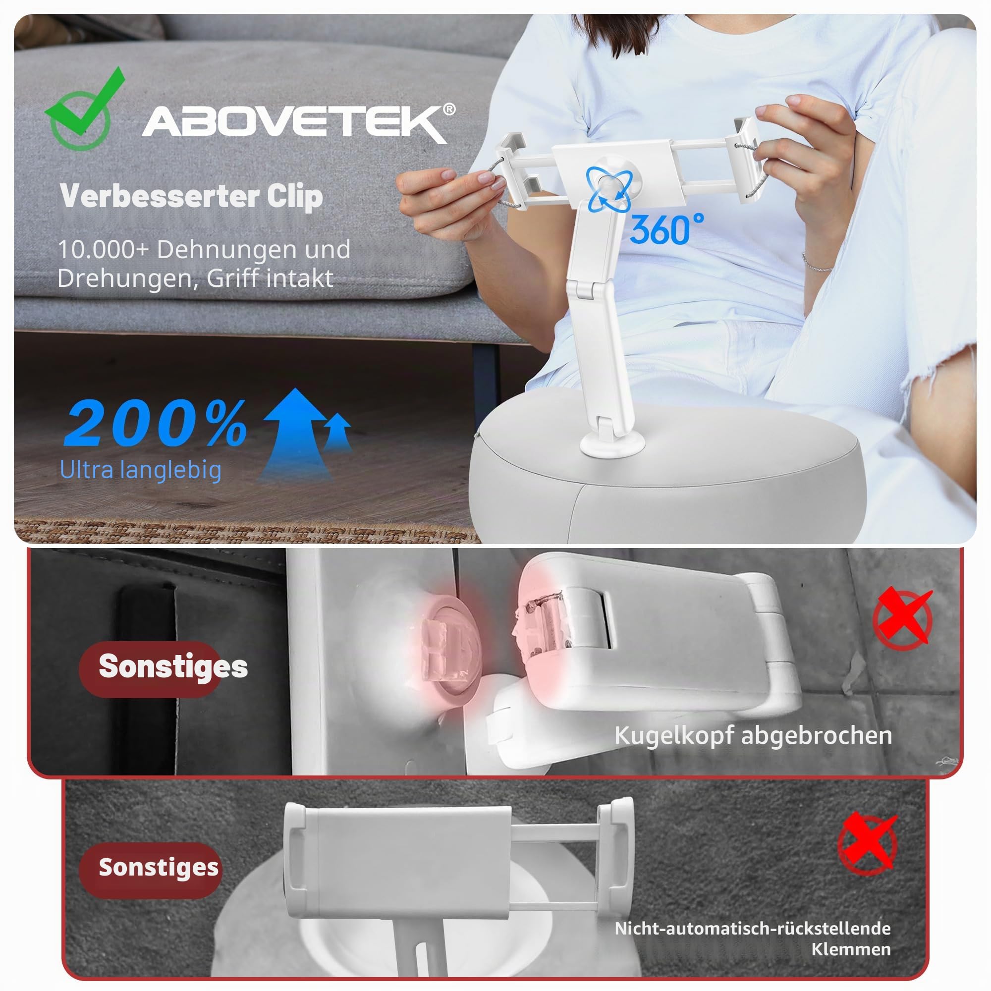 AboveTEK Tablet Kissen Halter, ipad Halterung für Schoß/Sofa mit Weichem Sitzsack, Mehrere Winkel Verstellbar Arm, ipad-Halter Bett für Kindle Handys Tablets von 4,7 bis 12,9 Zoll (Grau)