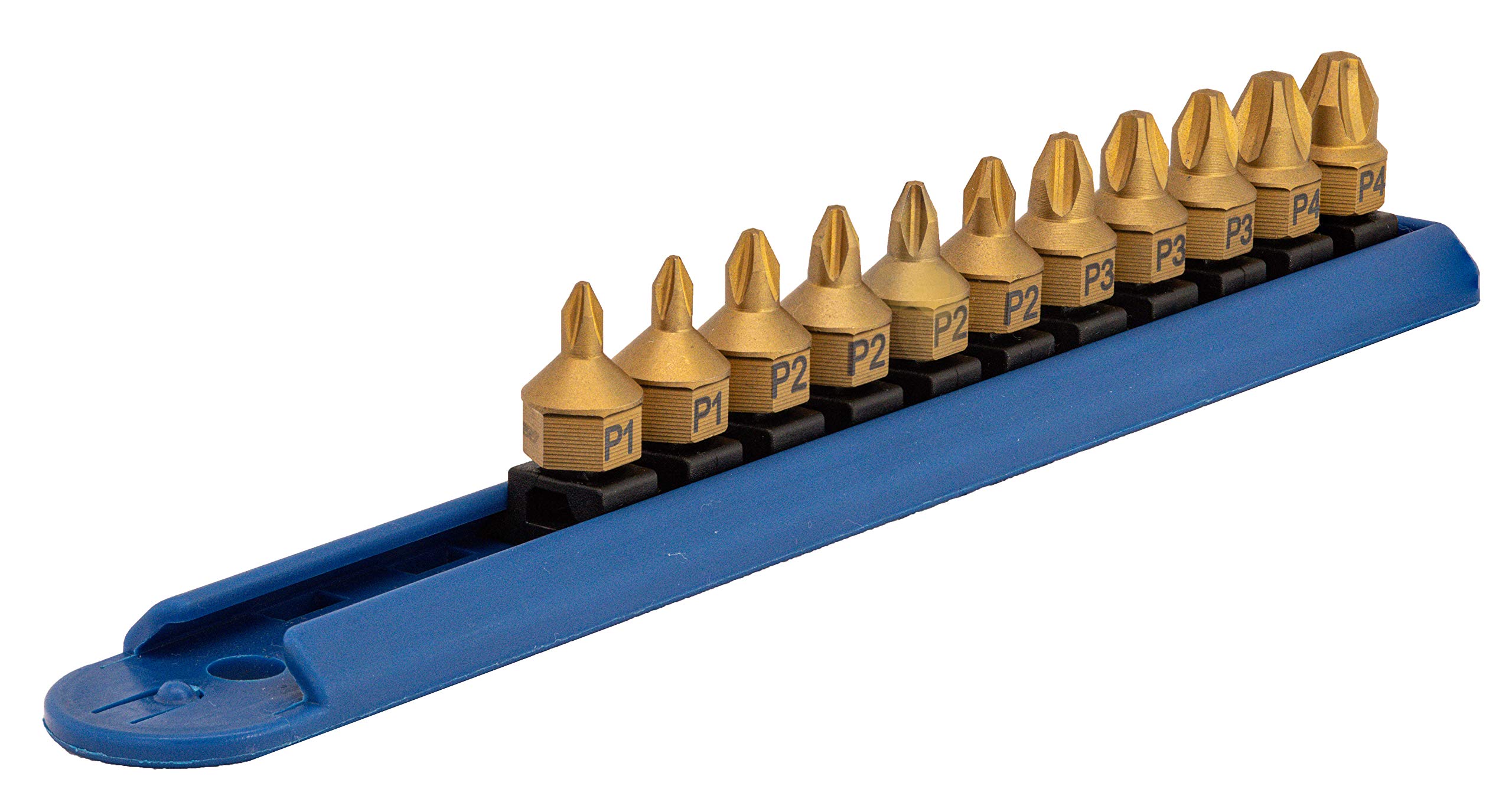 Mayhew Tools 16002 - Juego de doble unidad de perfil bajo con revestimiento de titanio, Phillips, 10 piezas | Juego de brocas de alto par con revestimiento de titanio con enchufes marcados de tamaño y riel de almacenamiento