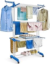 ABOUT SPACE 5.5 ft Clothes Drying Stand - 3 Layer Foldable Cloth Dryer Stand, Portable with Castor Wheels, 24 Hanger Rods & 2 Wings - Anti Rust Steel Double Pole (Blue - L 75 x B 50 x H 168 cm)