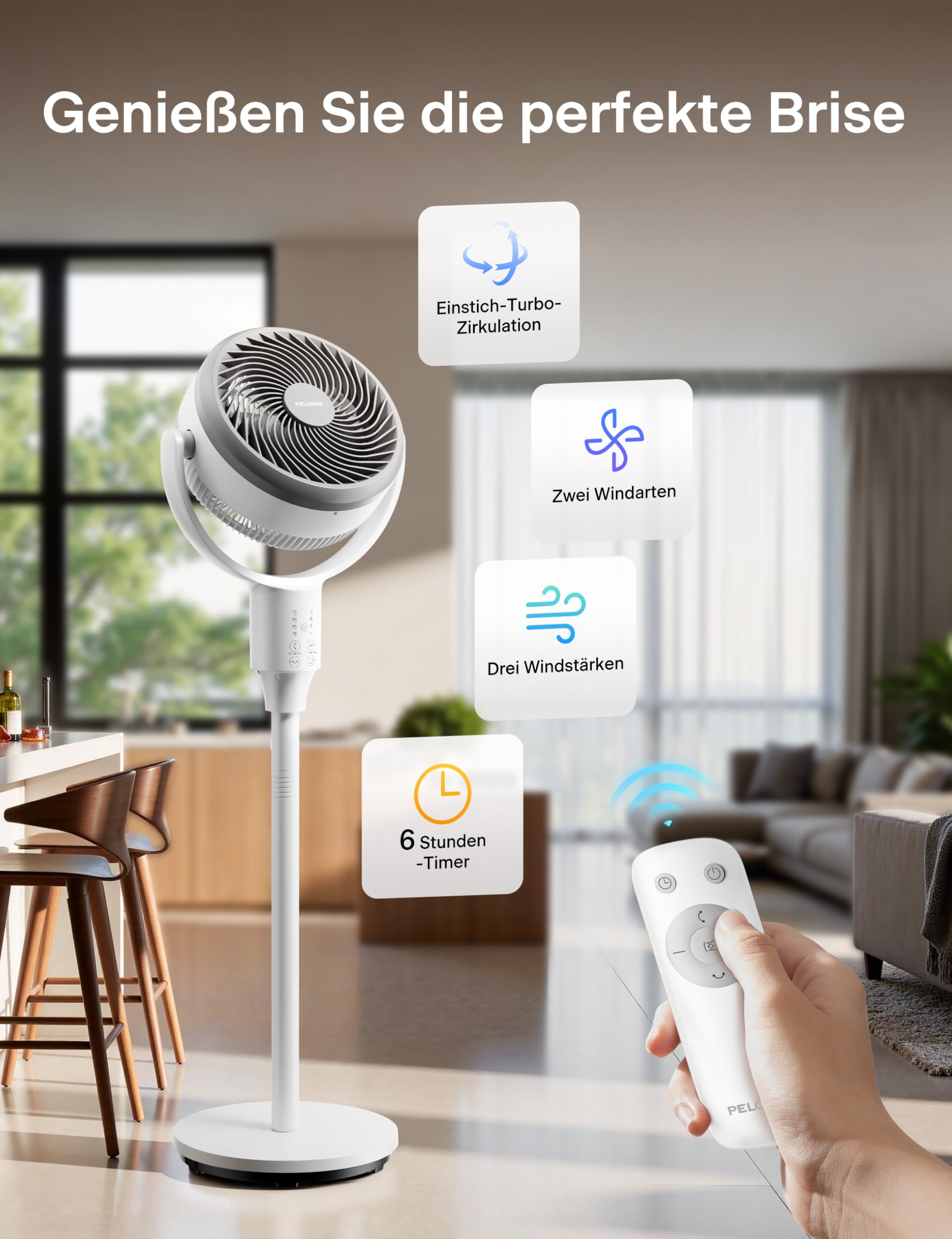 Pelonis Leiser Standventilator, 2-In-1 Standventilator mit Fernbedienung, 1500m³/h Luftvolume Luftzirkulator Fan 110CM Höhe 3-Geschwindigkeit 135°+90° Omni-direktional Oszillierend Ventilator