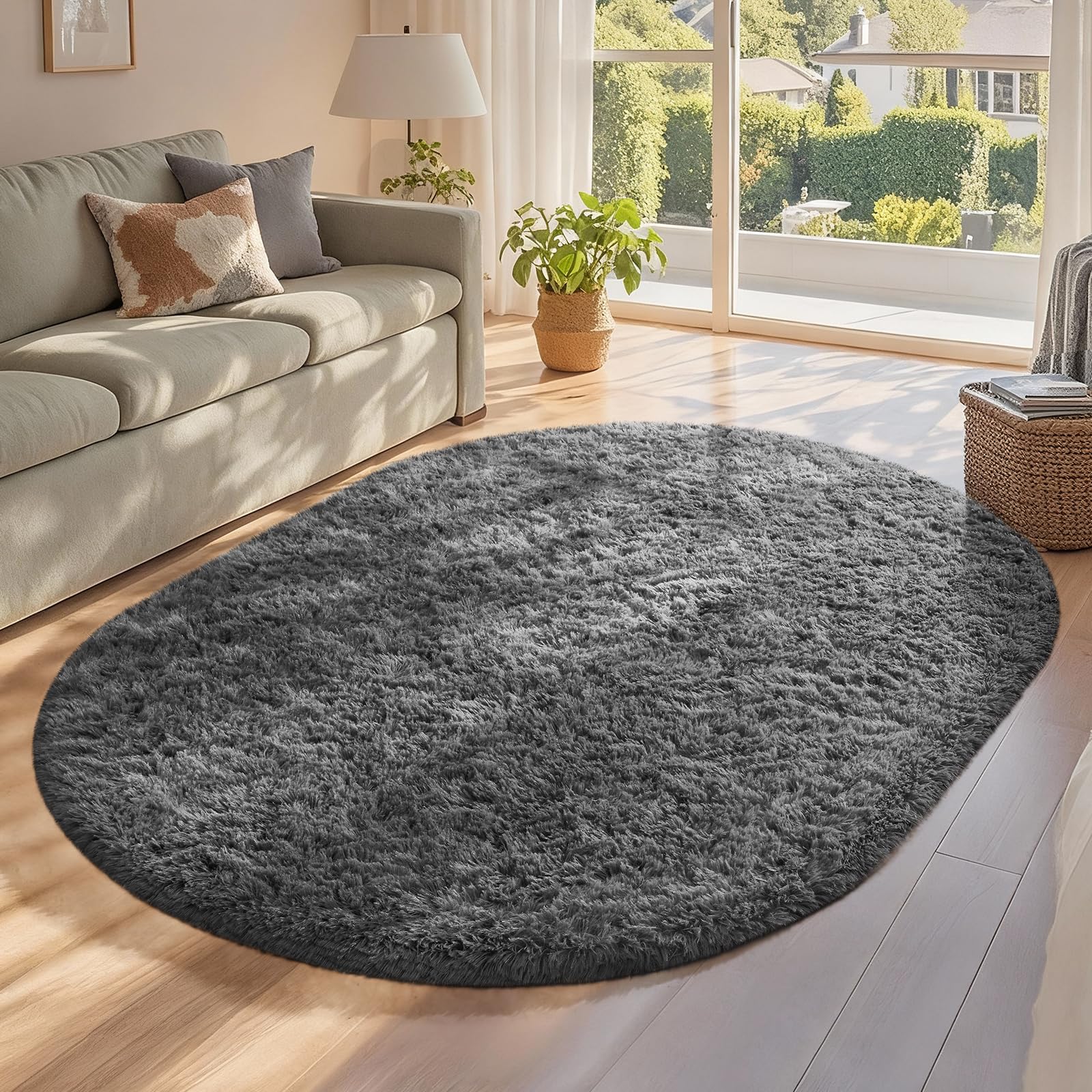 Ophanie 4x6 Oval Grey Rugs for Bedroom Living Room, Fluffy Fuzzy Furry Carpet, Plush Soft Shaggy Bedside Indoor Floor Area Rug for Kids Girls Boys
