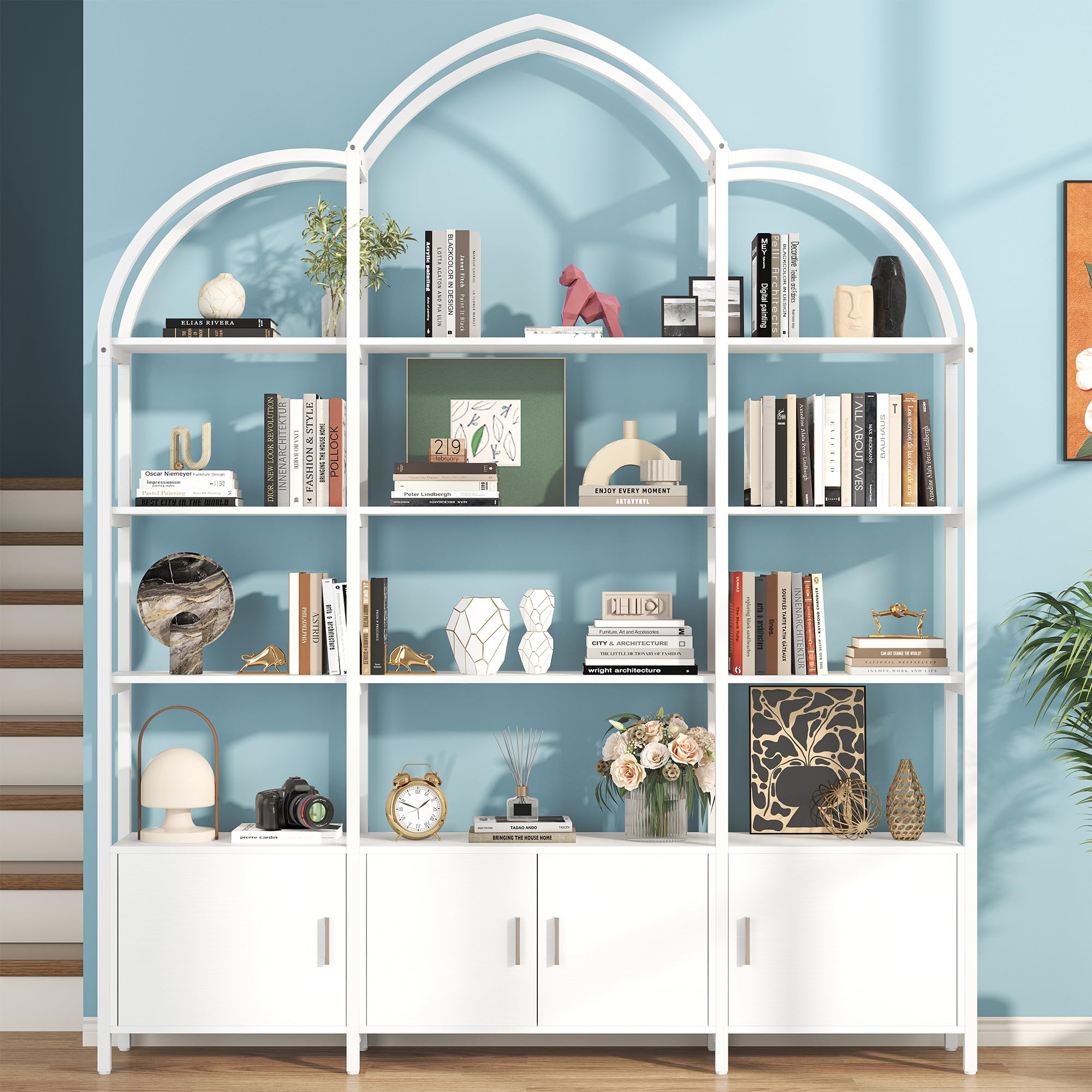 Semoic Arched Bookshelf and Bookcase with 3 Cabinets, Triple Wide 5 Tier Standing Book Shelf, Storage Display Rack Shelves, Industrial Open Bookshelf,